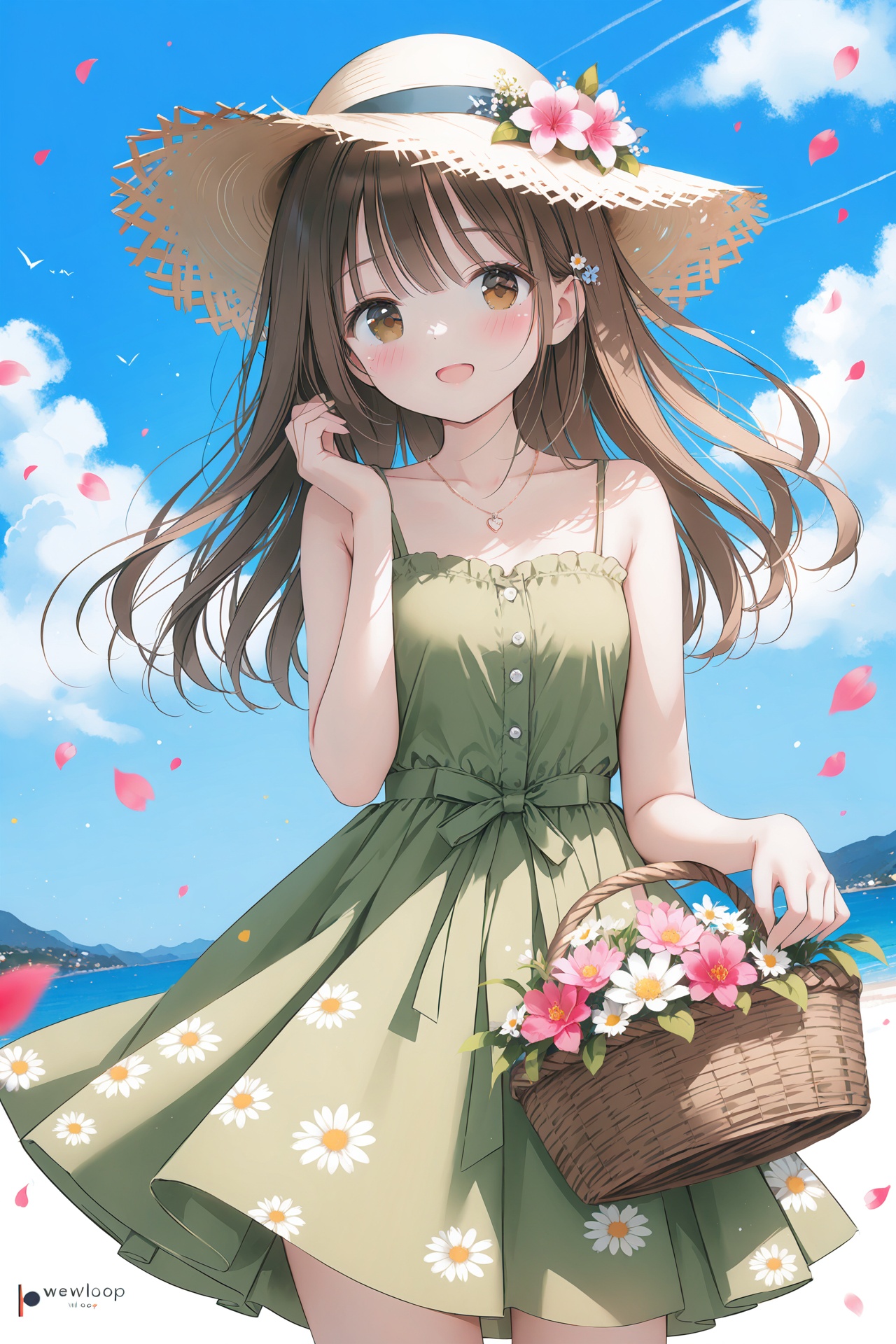 masterpiece,best quality,high quality,(colorful),[Artist miwano rag],[Artist chen bin],[Artist wlop:1],Artist weri, solo, 1girl, dress, hat, outdoors, flower, smile, sky, straw hat, long hair, looking at viewer, brown hair, open mouth, petals, pink flower, sleeveless, day, :d, cloud, blue sky, blush, green dress, brown eyes, basket, bangs, sleeveless dress, sundress, collarbone, bare shoulders, necklace, jewelry, bare arms, brown headwear, floral print, hand up, hat flower