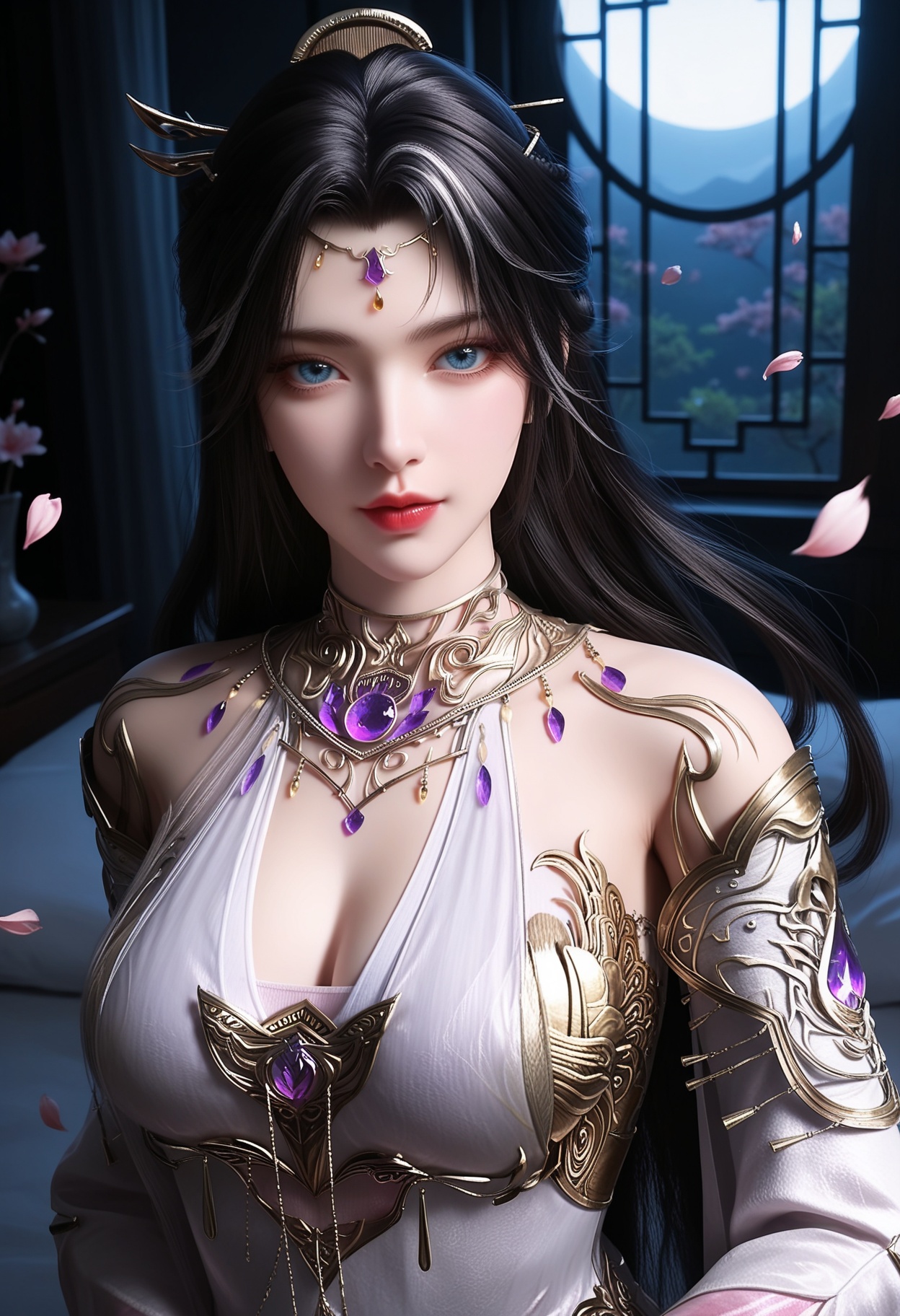 masterpiece,best quality,amazing quality,very aesthetic,high resolution,ultra-detailed,absurdres,scenery,photorealistic,(looking at viewer:1.1),upper body,(Dark room:1.3),(moody lighting:1.1),peach blossom,falling petals,(large breasts:0.8),monvzhenshen,1girl,solo,black hair,long hair,jewelry,dress,white dress,hair ornament,blue eyes,detached sleeves,bare shoulders,gem,realistic,necklace,braid,barefoot BREAK photorealistic details,<lora:QQSillmonvzhenshenV1:0.8>,