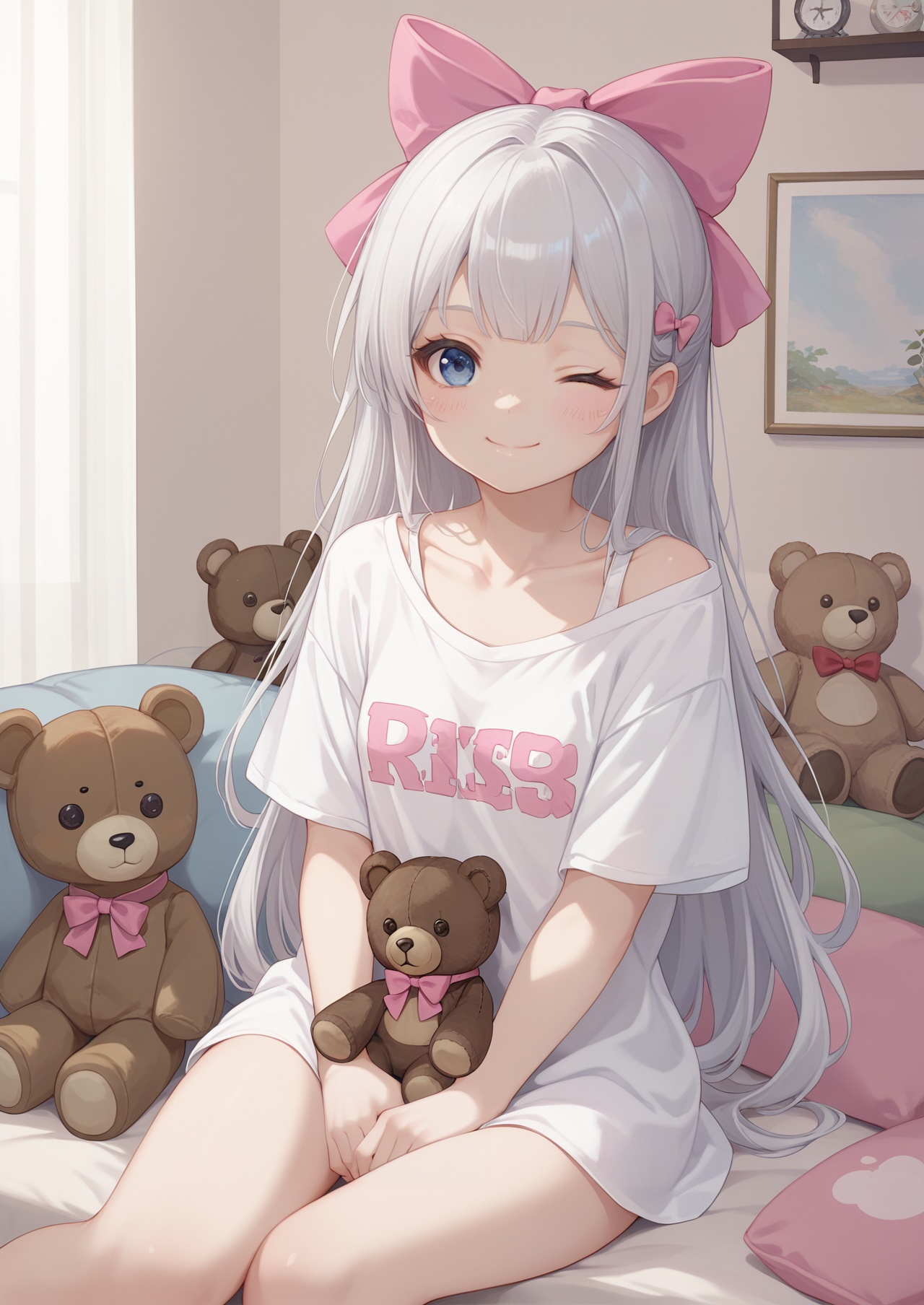 score_10,score_9,score_8_up,score_7_up,1girl,long hair,stuffed toy,stuffed animal,solo,one eye closed,blue eyes,bow,sitting,shirt,hair bow,blush,looking at viewer,pink bow,smile,white hair,t-shirt,ribbon,white shirt,short sleeves,teddy bear,off shoulder,wariza,collarbone,indoors,closed mouth,grey hair,