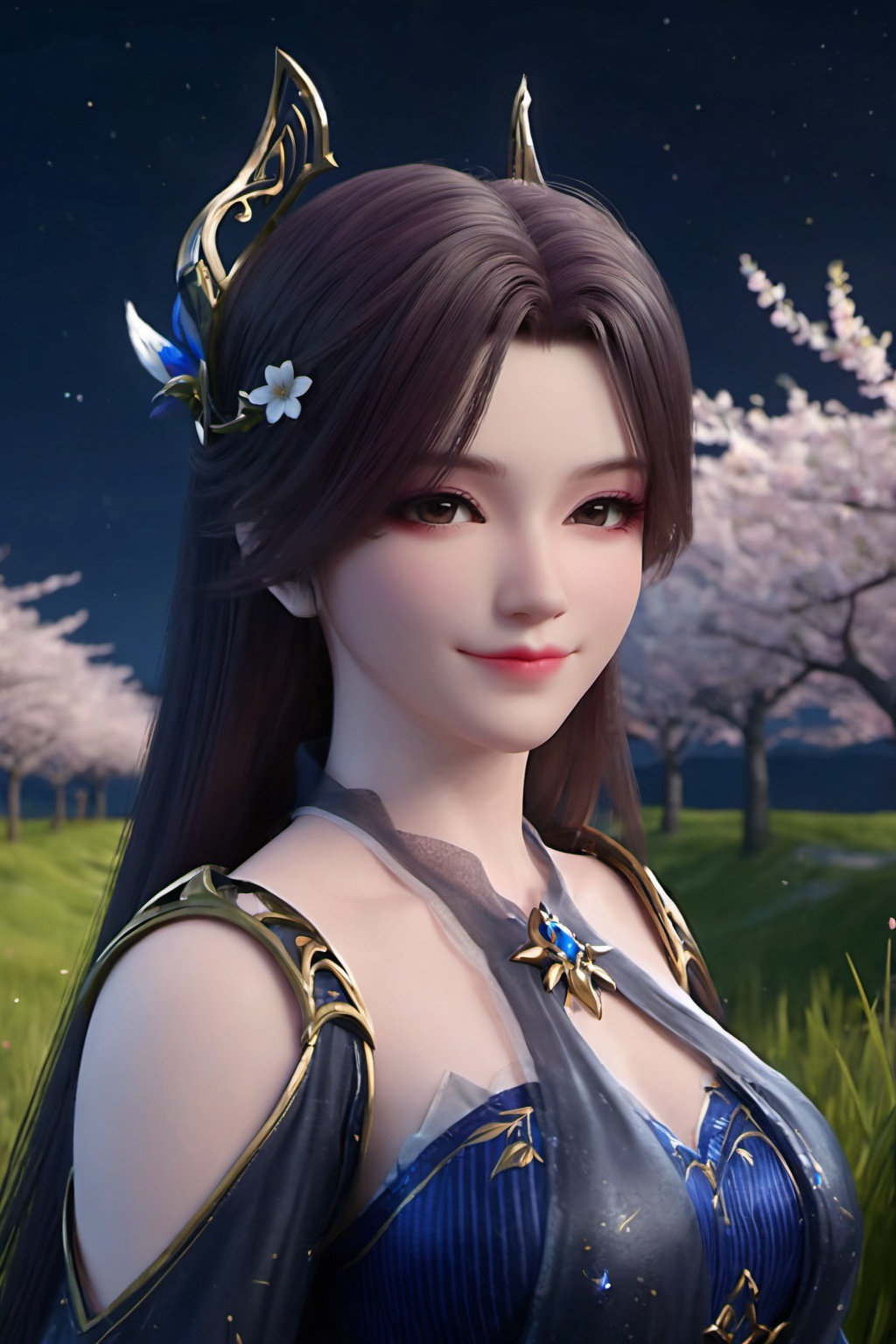 1girl,solo,long hair,closed mouth,smile,(hair ornament),jewelry,dress,(looking at viewer),outdoors,((night)),star \(sky\),nature,(landscape,grasslands),(cherry blossoms:1.2,falling petals:1.3),depth of field,(upper body),3d,game cg,Highly detailed,(best quality:1.5,masterpiece:1.5),<lora:caoying (12):0.7>,