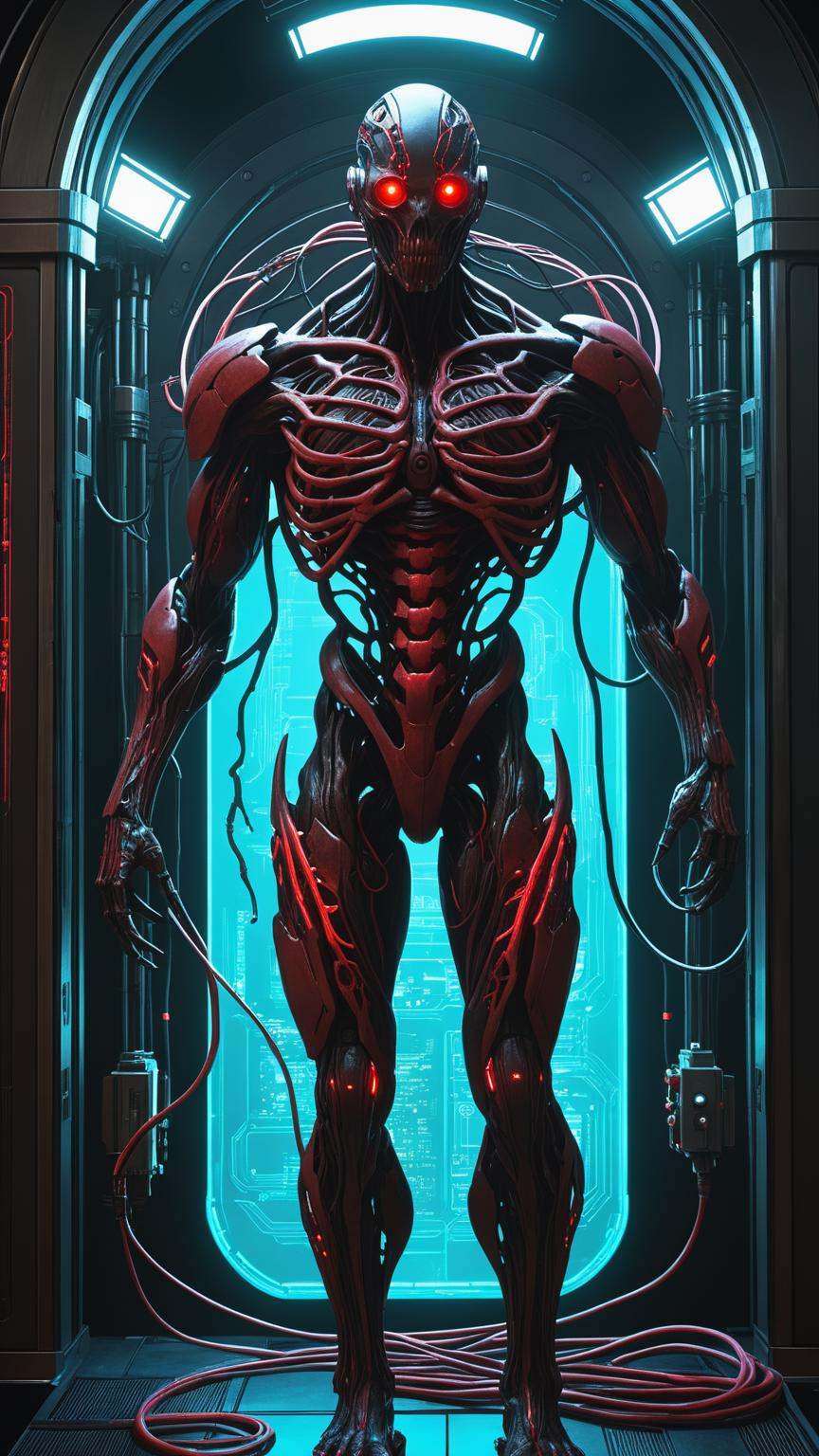 biomechanical cyberpunk a cybermutant fleshmutant, pulsating flesh and biomechanical limbs, fusion of flesh and machine, detailed fleshy skin, black bloody veins growing and intertwining machine and flesh, out of the darkness, veins growing and pumping blood, vascular networks, style of Apterus and zdzislaw beksinski, vibrant colors, Infrared, sparks, lens flare, rim lighting, backlighting, japanese portal, nebula, cinematic, cybernetics, human-machine fusion, dystopian, organic meets artificial, dark, intricate, highly detailed