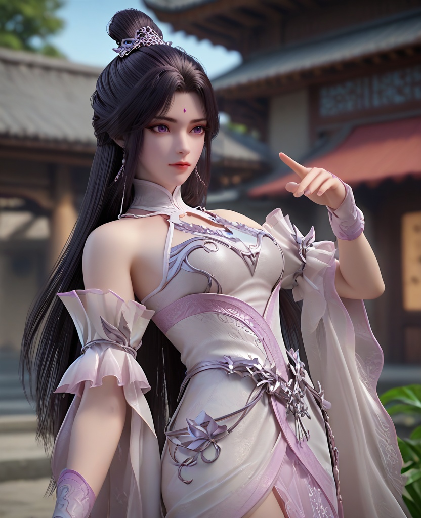 (oriental architecture, elegant decor, sophisticated style:1.1),(dynamic pose:1,2),(breasts:1.2),<lora:XL16完美世界月婵:0.95>,miss yuechan,solo,pinkish white corset,sash,pinkish white sheer fabric skirt,purple eyes,forehead jewel,traditional chinese updo,black hair,very long hair,hair ornament,bare shoulders,detached sleeves,wristband,, zPDXL2, score_9, score_8_up, score_7_up BREAK realistic, masterpiece,best quality, highly detailed,, zPDXL3, zPDXL2,zPDXL, zPDXLxxx, zPDXLrl,