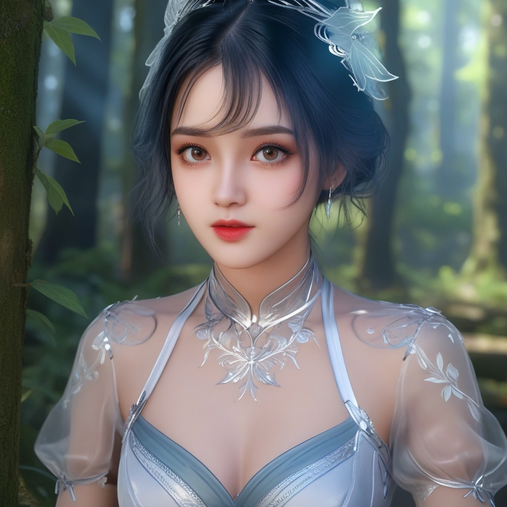 <lora:707-DA-XL-斗罗大陆-唐舞桐:0.8>(,1girl, ,best quality, ),looking at viewer,  ,ultra detailed background,ultra detailed background,ultra realistic 8k cg,(masterpiece:1.2),(best quality:1.2),(ultra detailed:1.2),(official art:1.3),(beauty and aesthetics:0.8),detailed,(intricate:0.8),(highly detailed),(solo),delicate countenance,1girl,fancy,(glassy texture:1.2),(crush:1.2),8k,accessory,tattoo,(transparent:1.1),gown,energy encirclement,instant,in the twinkling of an eye,upper body,woman in a mythical forest, masterpiece, perfect face, intricate details, horror theme, raw photo, photo unp(cleavage),, 