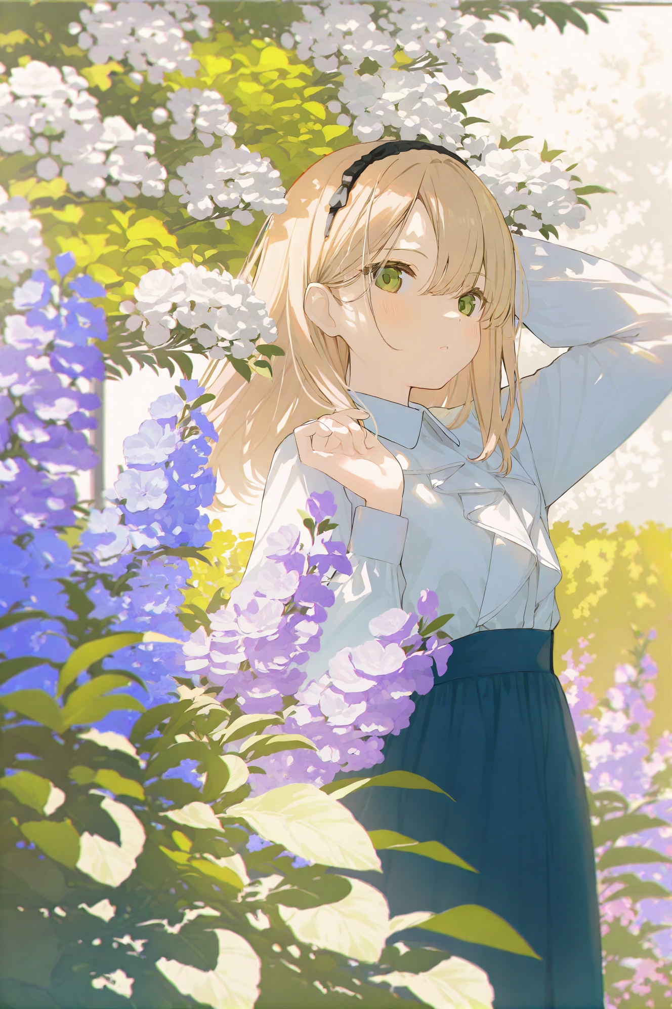 loli,1girl,solo,flower,shirt,blurry foreground,green eyes,skirt,white shirt,long sleeves,blonde hair,hairband,looking at viewer,white flower,dappled sunlight,outdoors,purple flower,leaf,collared shirt,long hair,blue skirt,sunlight,plant,closed mouth,blush,standing,shirt tucked in,black hairband,day,hair between eyes,parted lips,medium hair,black skirt,hand up,arm up,cowboy shot,high-waist skirt,garden,hands up,(masterpiece,best quality,highres,absurdres,best quality,amazing quality,very aesthetic,absurdres),