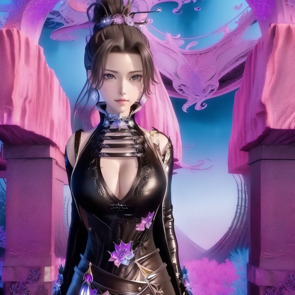 <lora:万界至尊-李雪衣-皮衣:0.8>, (,1girl, ,best quality, ),looking at viewer,,anime,(masterpiece, top quality, best quality, official art, beautiful and aesthetic:1.2), (1girl)	, , (cleavage),, extreme detailed,(fractal art:1.3),colorful, flowers ,highest detailed,()    (cleavage),,  (),