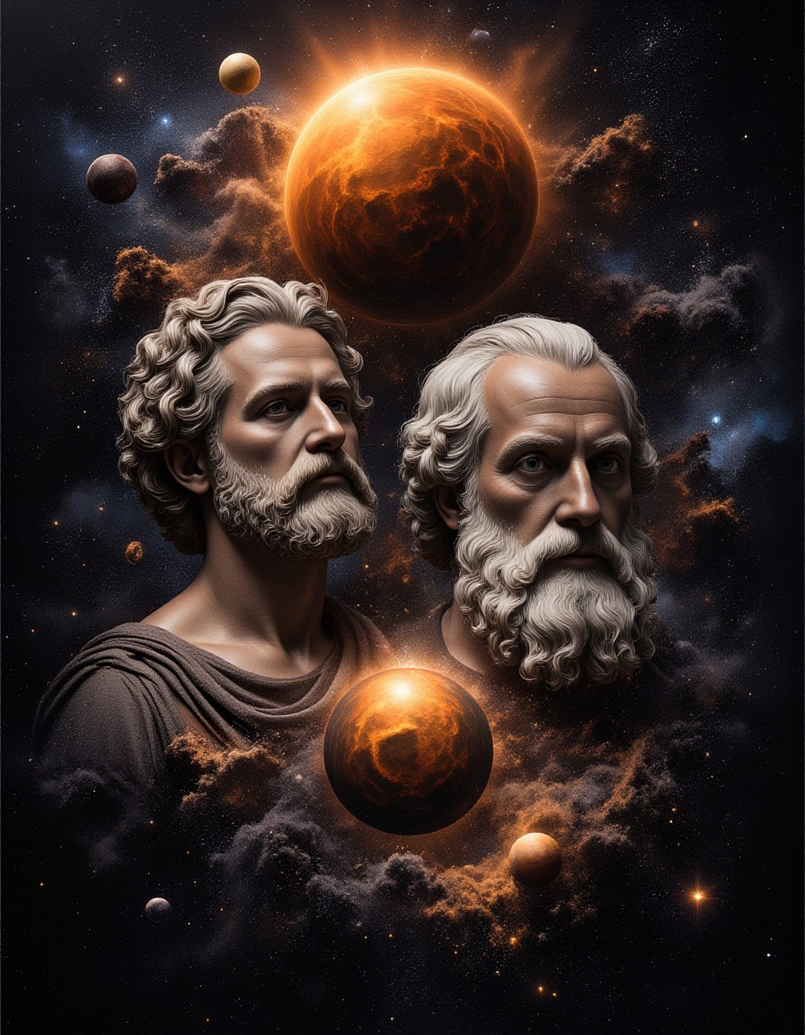 F1AlistdBolatu,A cosmic portrait of two historical figures, set against a backdrop that merges classical art with modern astronomy.,<lora:FLUX.阿里斯多德＆柏拉图F1AlistdBolatu:1>,