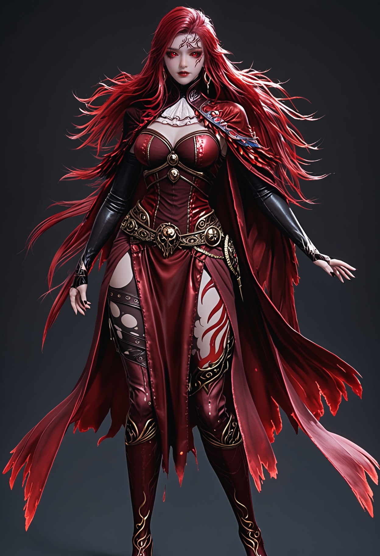 (cowboy shot:1.2),score_9,score_8_up,masterpiece,(best quality),intricate details,facing viewer,(looking at viewer:1.1),<lora:YQ_pony_maxiaotao_fuzhang2_V4:0.8>,q1528437228,1girl,solo,long hair,red hair,red eyes,dress,cape,belt,boots,jewelry,red dress,thighhighs,earrings,colored sclera,black sclera,high heels,torn clothes,tattoo,red cape,ascot,brown eyes,facial mark,gloves,armor,glowing eyes,red sclera,thigh boots,high heel boots,white ascot,black footwear,BREAK(score_9:1.2),(score_8_up:1.2),masterpiece,best quality,very aesthetic,perfect anatomy,(hourglass),perfect face,(simple background,pure black background,black background:1.1),fair_skin,(shiny_skin:1.1),Ivory_skin,