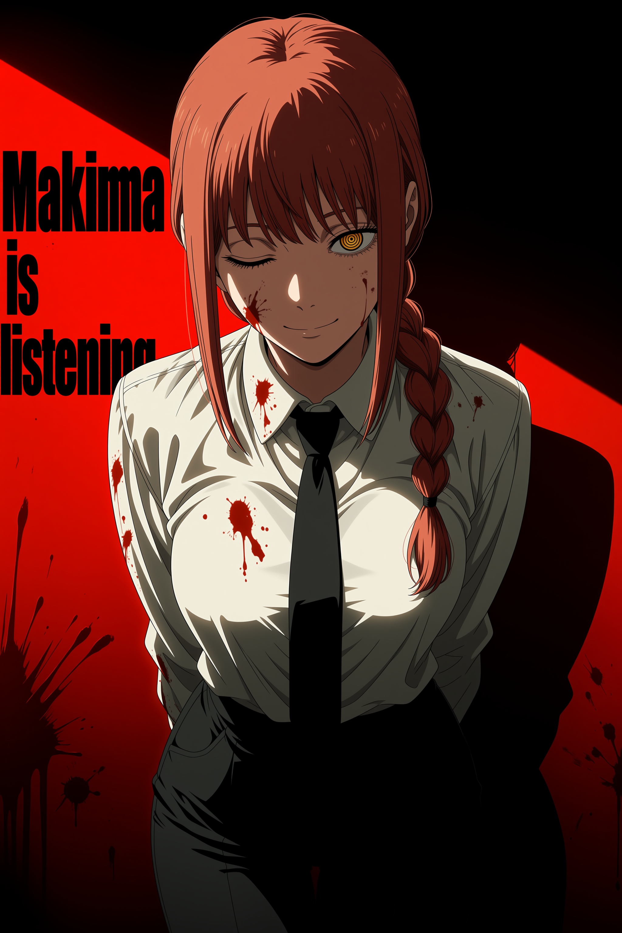 anime screencap,  (black text on background: "Makima is listening"),  masterpiece on Tensor.Art