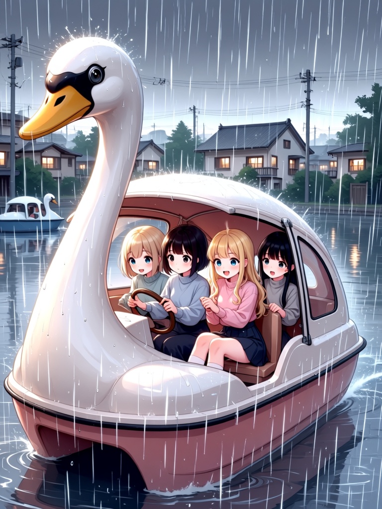 swan watercraft,  steering wheel,  long hair on Tensor.Art
