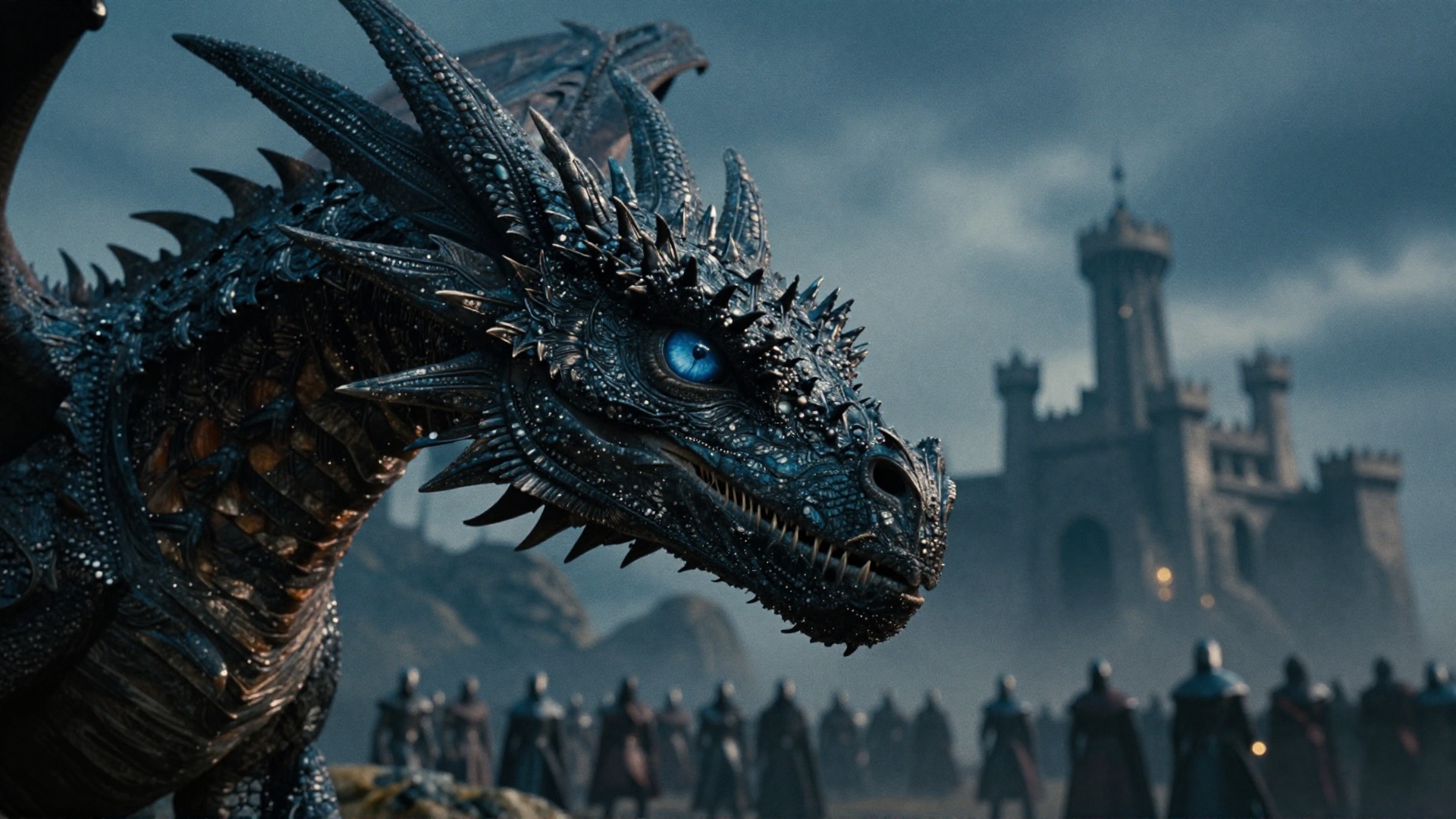 cinematic film still of In medieval times Dragon a close up of a dragon's eye with a sky background,  outdoors,  sky on Te...