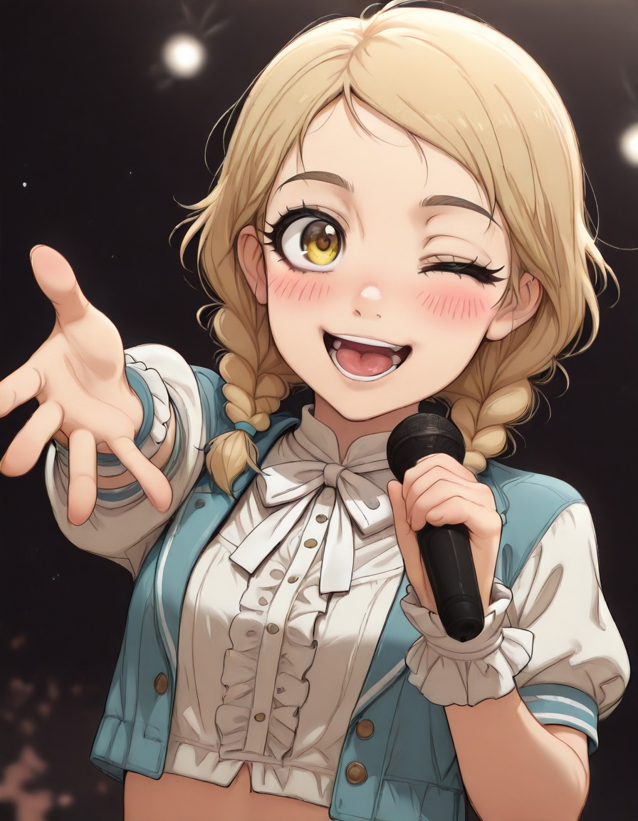 1girl,fujita kotone,gakuen idolmaster,ogipote,ask \(askzy\),yoneyama mai,dutch angle,blonde hair,blurry background,reaching towards viewer,spread fingers,blush,center frills,yellow eyes,one eye closed,crop top,cropped jacket,frilled wristband,frills,holding microphone,music,neck ribbon,open mouth,ribbon,sekaiichi kawaii watashi \(idolmaster\),short sleeves,singing,smile,solo,teeth,tongue,twin braids,upper body,white ribbon,cinematic,depth of field,blurry background,masterpiece,best quality,good quality,newest,highres,absurdres,