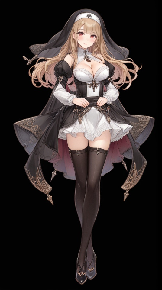 (best quality), ((masterpiece)), (highres), illustration, original, extremely detailed,   <lora:死の爱丽丝:0.7>1girl, solo, breasts, red eyes, blonde hair, long hair, pantyhose, white background, own hands together, full body, large breasts, pelvic curtain, simple background, looking at viewer, black footwear, dress, twintails, veil, bangs, white dress, own hands clasped, cleavage, long sleeves, nun, thigh strap, black pantyhose, closed mouth, detached sleeves, blush, standing, high heels, smile, puffy sleeves, very long hair, cape, no background