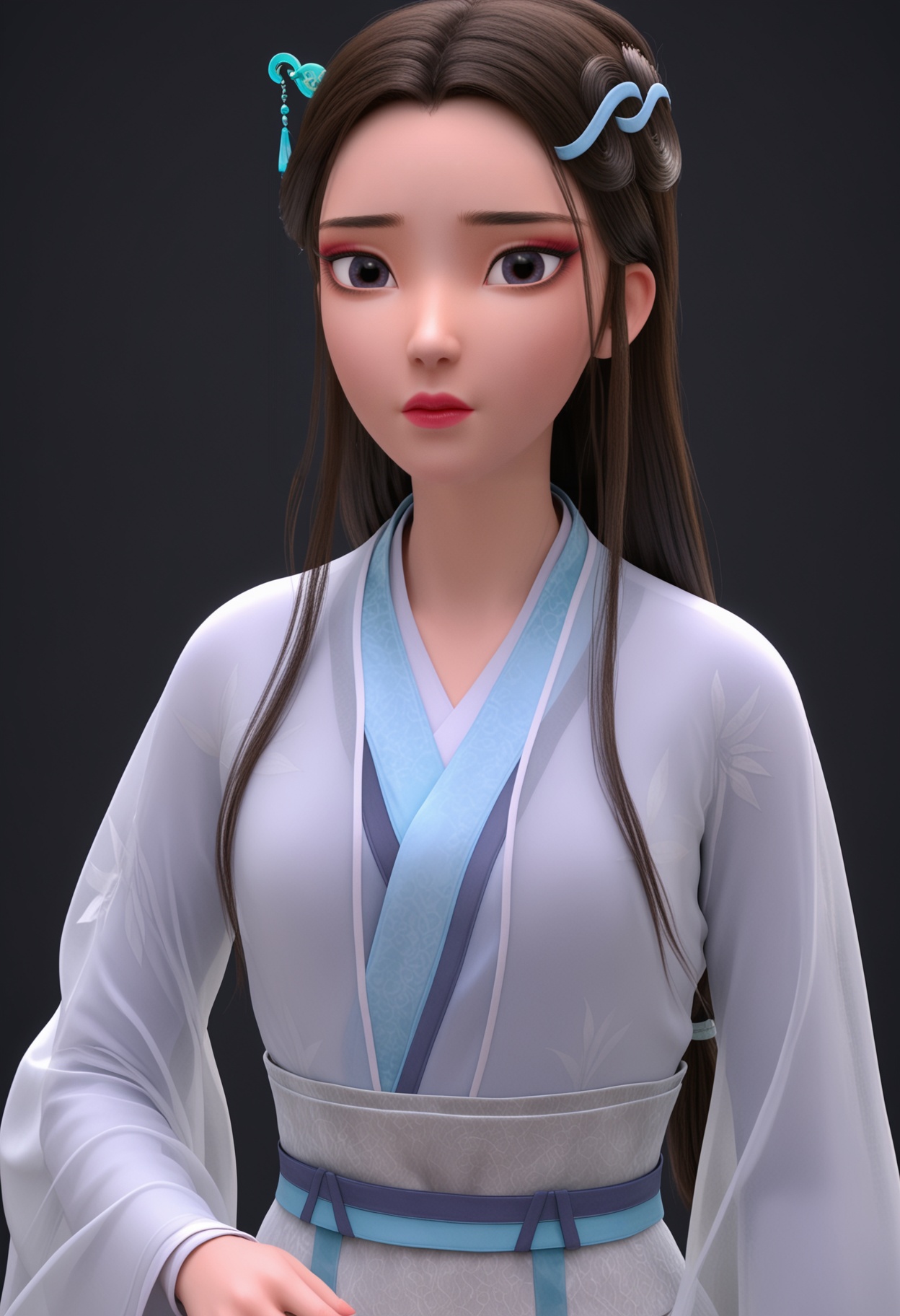 (perfect_anatomy:1.1),(upper_body:1.1),(looking_at_viewer:1.1),<lora:YQ_pony_baishe_V7:0.8>,1girl,q1528437228,solo,long hair,black hair,hair ornament,makeup,red lips,black eyes,chinese clothes,long sleeves,hanfu,brown hair,realistic,sash,brown eyes,eyeshadow,forehead,lipstick,hair bun,ribbon,hair ribbon,wide sleeves,dress,hair stick,low-tied long hair,sandals,see-through,blue eyes,white ribbon,ponytail,headband,single hair bun,hair pulled back,(looking_at_viewer:1.1),perfect_anatomy BREAK perfect_anatomy,solo focus,(score_9:1.2),masterpiece,(best quality:1.1),(simple background,pure black background,black background:1.1),perfect_anatomy,