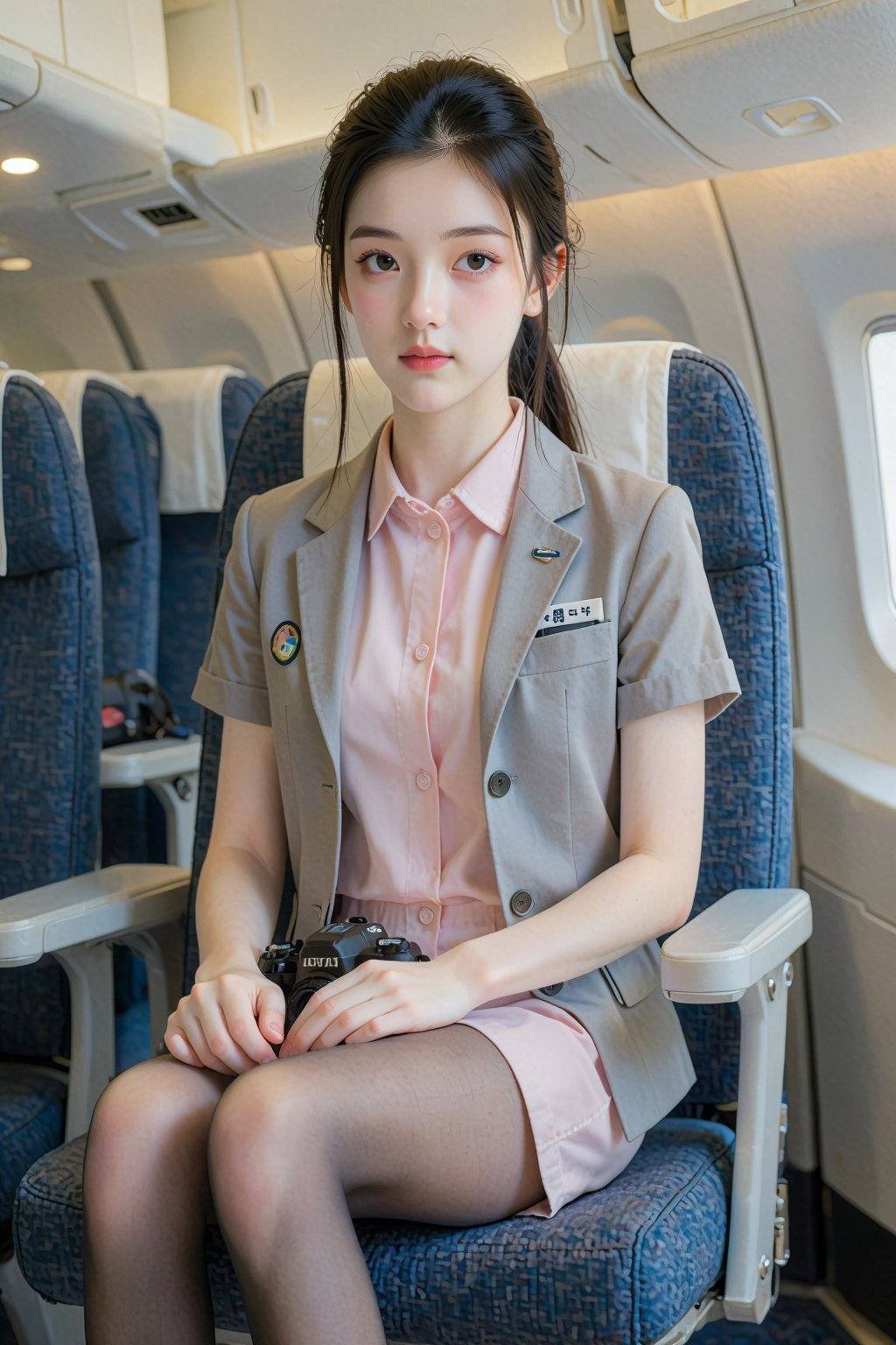 The image is a high-resolution photograph taken inside a commercial airplane cabin. The central subject is a young Asian w...