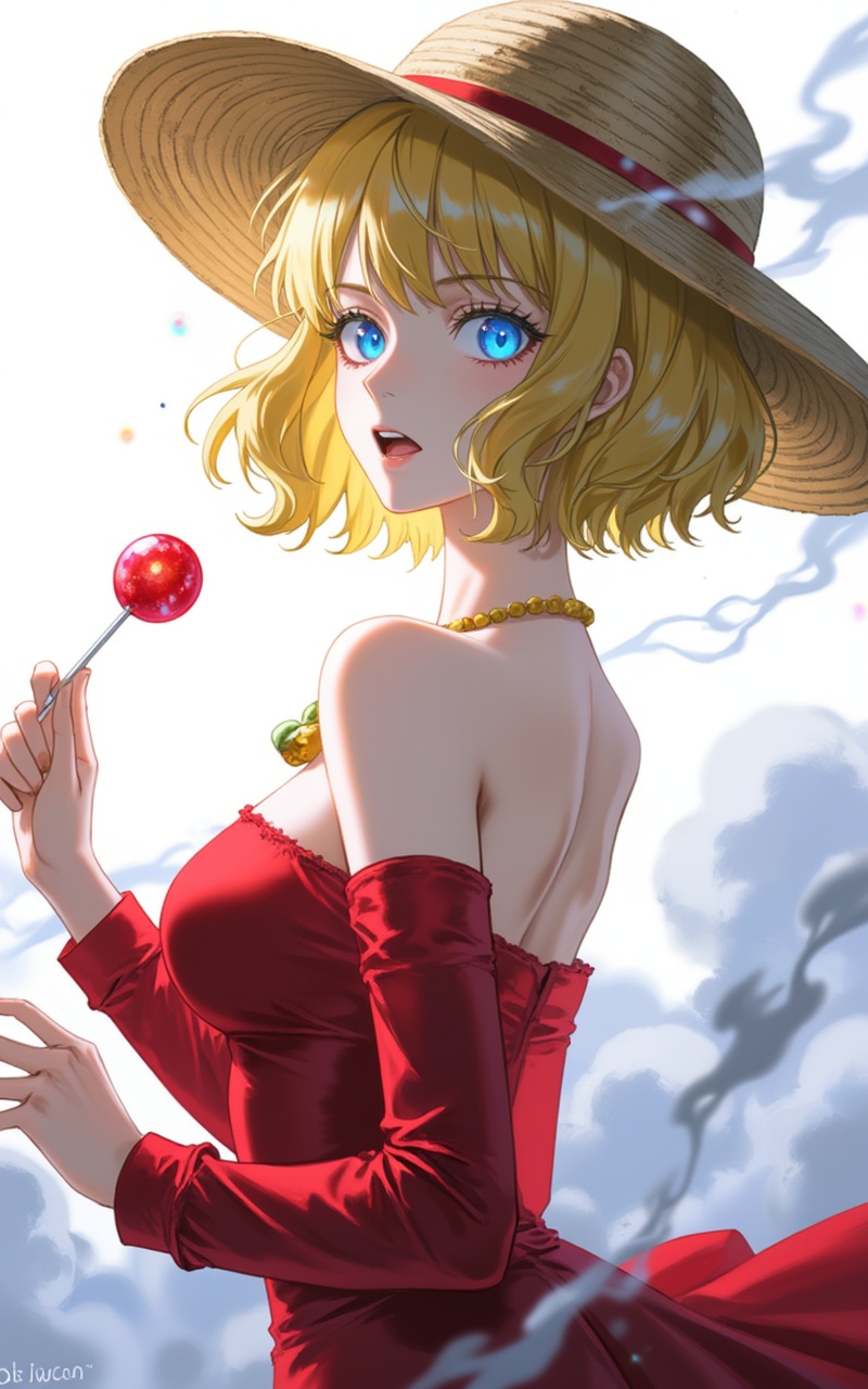 <lora:斯图西10:0.8>,Stussy one piece,Stussy\(one piece\),blonde hair,blue eyes,short hair,1girl, candy, blonde hair, food, lollipop, solo, blue eyes, short hair, looking at viewer, holding, bare shoulders, upper body, holding food, open mouth, dress, red dress, bangs, strapless, glowing, breasts, holding candy, strapless dress, necklace, from side, eyelashes, hand up, smoke, glowing eyes, teeth, holding lollipop, looking back, medium breasts, jewelry, detached sleeves, red sleeves，close-up,sun_hat,