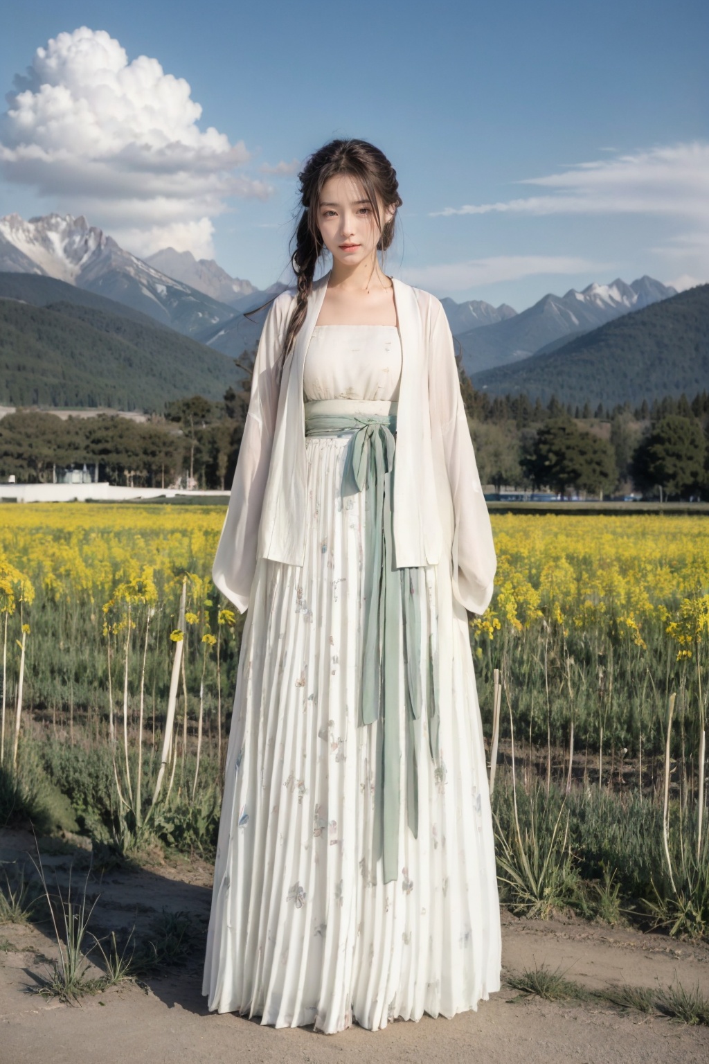 Realistic,masterpiece,best quality,8K,HDR,RAW,1girl,((solo)),(Spring scenery, mountains in the distance, beautiful clouds, rape flower fields),(standing),large breasts,Looking at the audience,full body,<lora:add_detail:0.6>,<lora:GoodHands-beta2:1>,<lora:ENNE 汉服_v10:1>,hanfu,white printed skirt,
