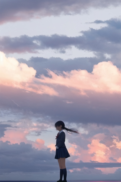 1girl, xia, ocean,standing,school uniform, sky,   <lora:xia:0.9>