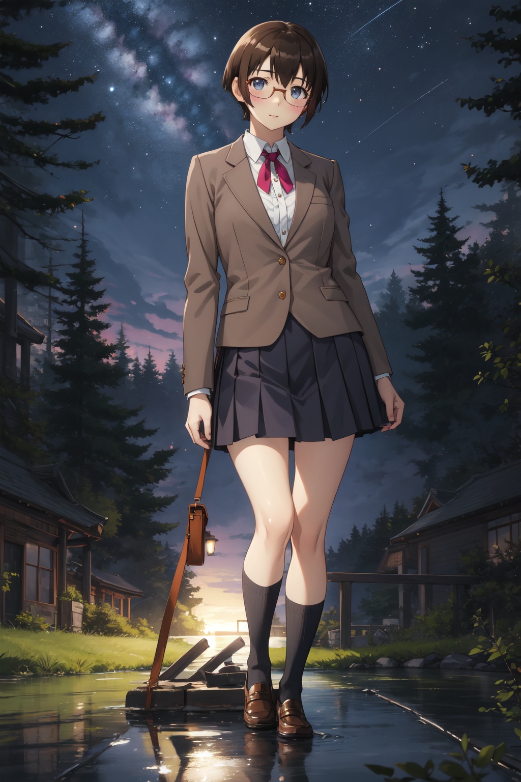 <lora:Manami-000015:0.8>,Manami cyql,1girl,looking at viewer,solo,short hair,brown hair,blue eyes,blush,glasses,semi-rimless eyewear,school uniform,blazer,skirt,socks,crazy_smile,full_shot,beautiful face,beautiful eyes,glossy skin,shiny skin,Lake, Moonlight, Reflection, Stars, Trees, Tranquility, Night sounds, Campfire,(Cottage garden flowers, Evening glow, Twilight hues, Summer blooms, English countryside, Serene atmosphere:0.5),beautiful detailed sky,beautiful detailed glow,posing in front of a colorful and dynamic background,masterpiece,best quality,beautiful and aesthetic,contrapposto,female focus,wallpaper,fashion,