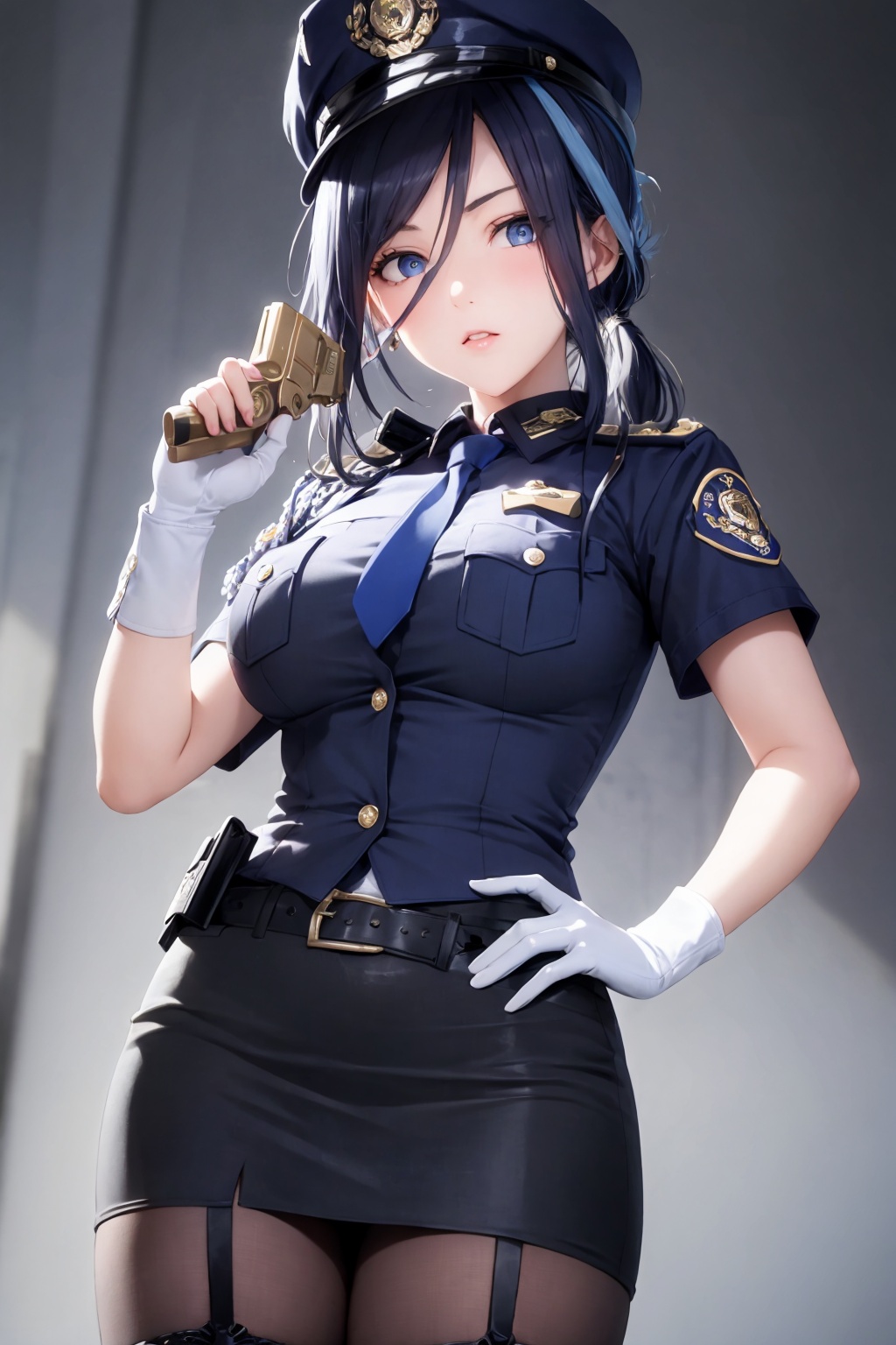 masterpiece, best quality, <lora:clorinde:1>,1girl, button gap, breasts, weapon, skirt, policewoman, thighhighs, solo, gun, hat, gloves, long hair, police uniform, uniform, police, necktie, black hair, large breasts, white gloves, garter straps, holding, cuffs, belt, multicolored hair, shirt, holding gun, handcuffs, holding weapon, black thighhighs, hand on hip, blue hair, pencil skirt, looking at viewer, handgun, blue eyes, streaked hair, short sleeves, very long hair, white shirt, miniskirt, trigger discipline, blue necktie, police hat, blue headwear, blue skirt, revolver, eyes visible through hair, thighs, ponytail, bangs, parted lips