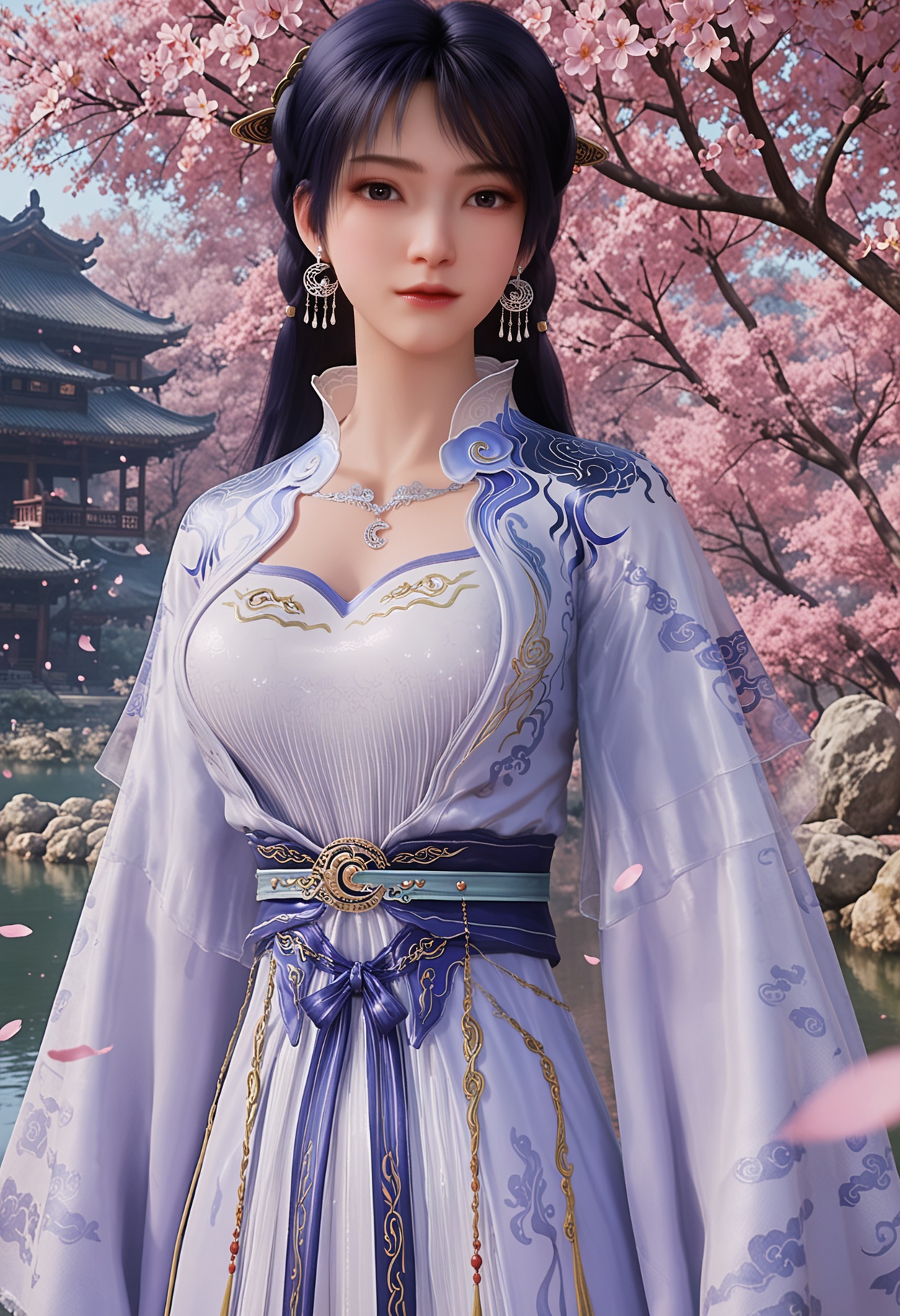 score_9,1girl,solo,breasts,jewelry,dress,earrings,black hair,realistic,long hair,white dress,long sleeves,upper body,sash,simple background,black eyes hair ornament,chinese clothes,looking_at_viewer,\nBREAK\nfair_skin,white_skin,shiny_skin,Ivory_skin,(looking at viewer:1.1),(cinematic lighting:0.9),(volumetric lighting:0.9),solo focus,(huge breasts:0.9),(perfect_face:1.2),(perfect_anatomy:1.1),Tranquil garden pond surrounded by cherry blossoms,Vibrant cherry blossom park in full bloom,day,suneate,<lora:QQSponyjiziyueV2:0.8>,<lora:Pony_DetailV2.0:0.8>,<lora:皮肤凹痕:0.1>,
