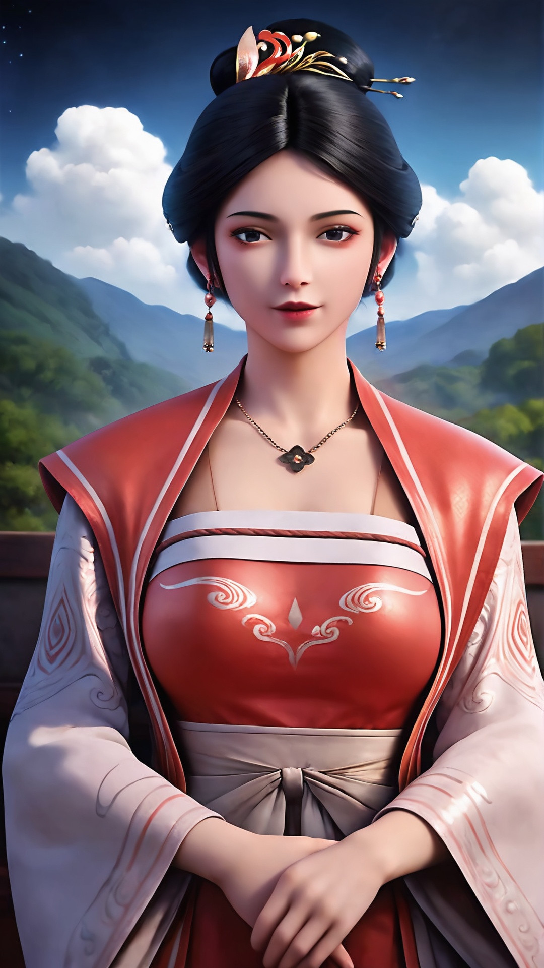 1girl,jewelry,chinese clothes,solo,earrings,black hair,necklace,hanfu,hair ornament,holding,dress,looking at viewer,upper body,realistic,long sleeves,wide sleeves,black eyes,<lora:lora.by_tusi:0.7>,incredibly absurdres,wallpaper,<lora:画面亮度调节器丨美白皮肤去油腻-增加面部细节_v1.0:0.6>,