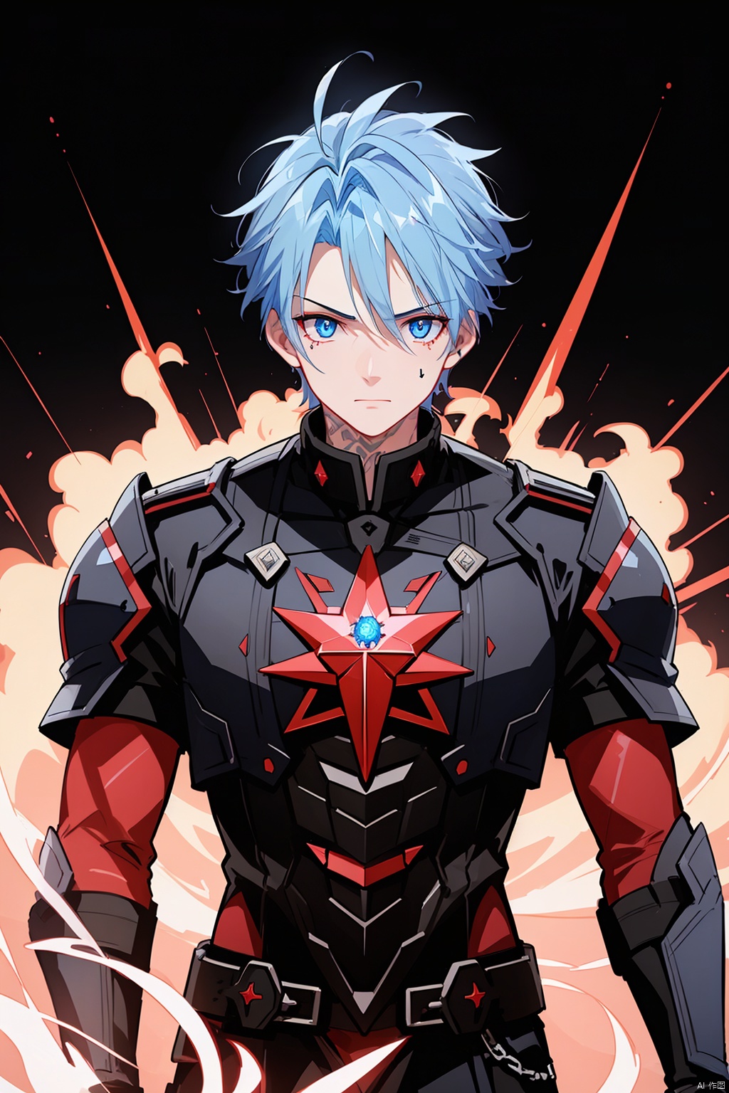 1 boy,  blue eyes,  There is a tattoo on the forehead, Flame hair, Burning hair, (bust: 1.3),  dynamic pose,  HD,  32k,  (Masterpiece: 1.5), Red textured mecha, Pendulum,  Hidden hands.,  Arso, black background,<lora:EMS-266116-EMS:0.300000>