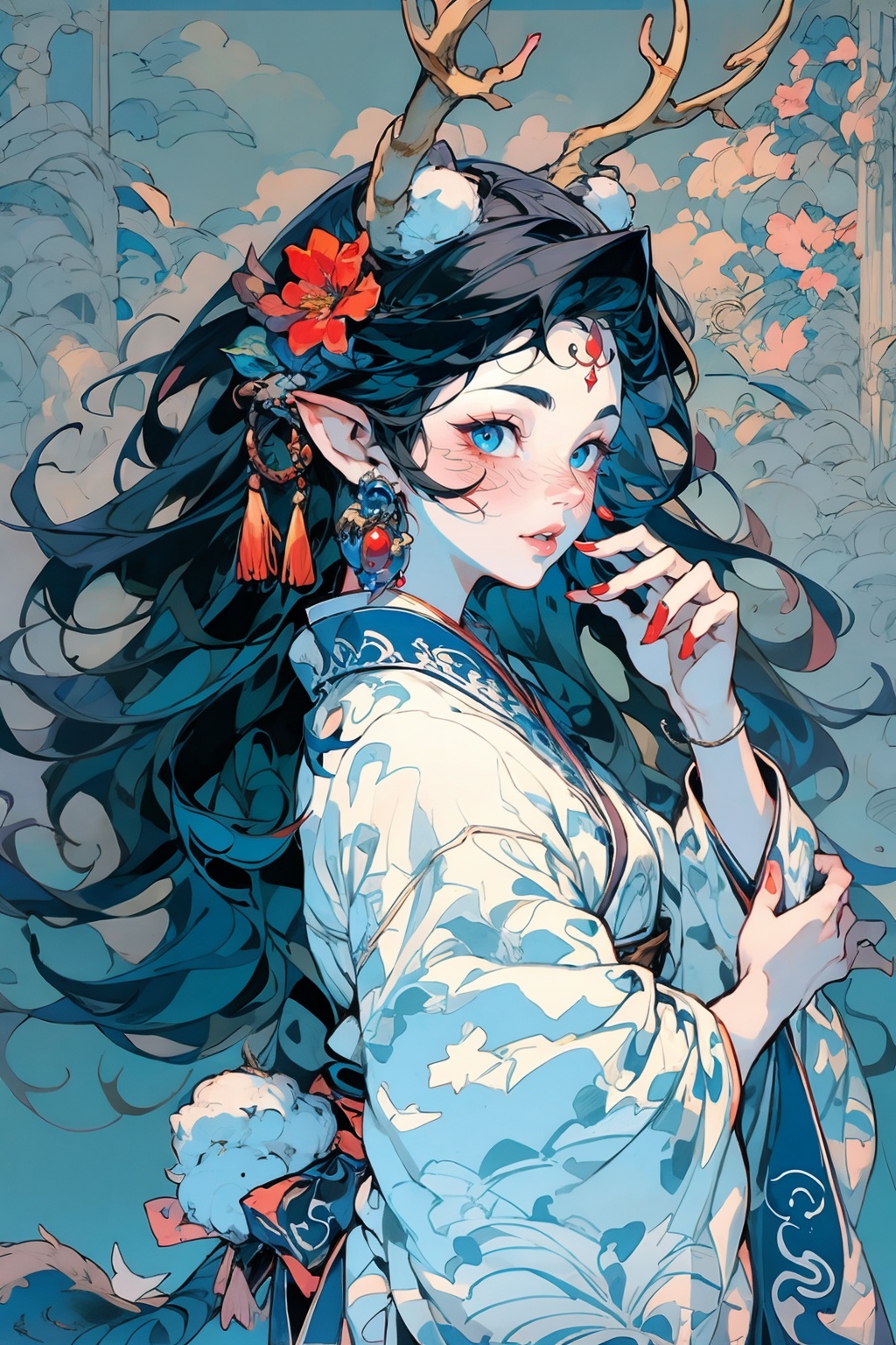 (masterpiece:1.2),best quality,highres,extremely detailed CG,perfect lighting,8k wallpaper,anime,comic,game CG,1girl,solo,rabbit tail,blue eyes,hair ornament,looking at viewer,chinese clothing,hanfu,hair flower,antlers,flower,simple background,facial mark,long sleeves,upper body,hand up,spot color,whisker markings,wide sleeves,from side,tassel,closed mouth,blush,hand on own chin,bangs,sash,parted lips,<lora:FF_20231230024508-000005:1>,