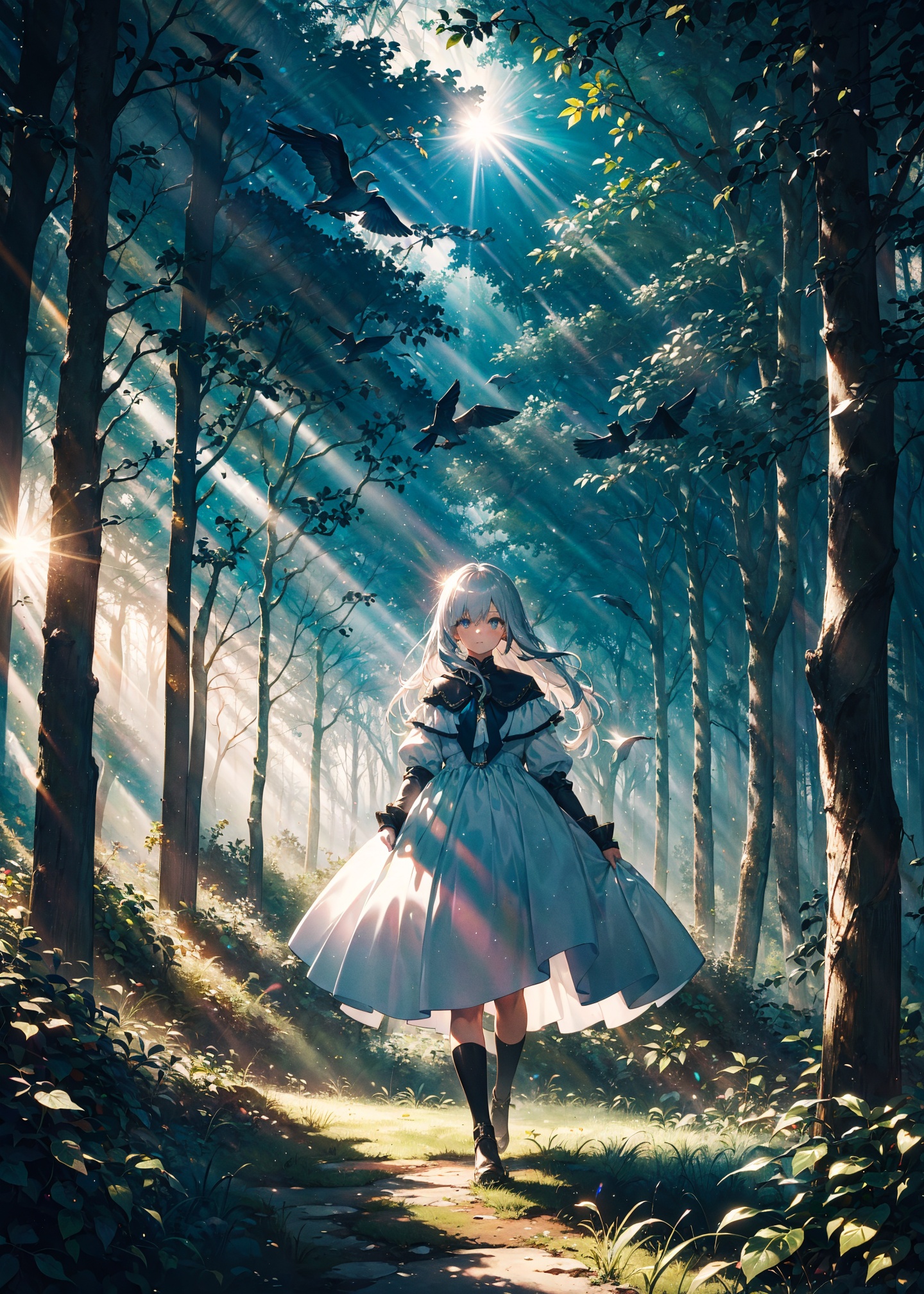 (Composition) A girl standing in the forest. (Girl) long silver hair,  looking at the left side. girl looking at bird on h...