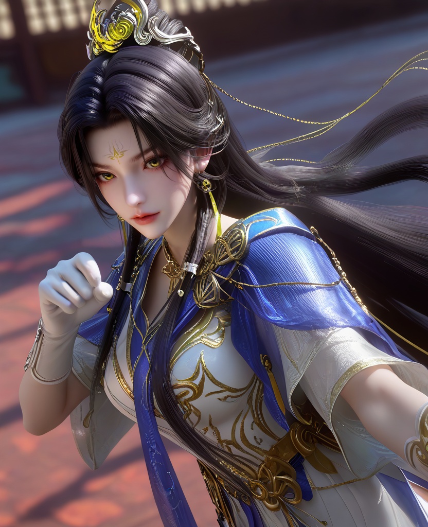 (fighting stance:1.1),(large breasts:1.2),<lora:XL16云深不知梦羲和城主服:0.95>,miss xihe,white dress,blue shawl,mole under left eye,forehead mark,black hair,absurdly long hair,traditional chinese updo with long front strands,hair ornament,jewelry,white gloves,blue sheer petticoat,, score_9,score_8_up,score_7_up,score_6_up,score_5_up,score_4_up,3d rendering,tag1,tag2, Cinematic Lighting,backlighting,