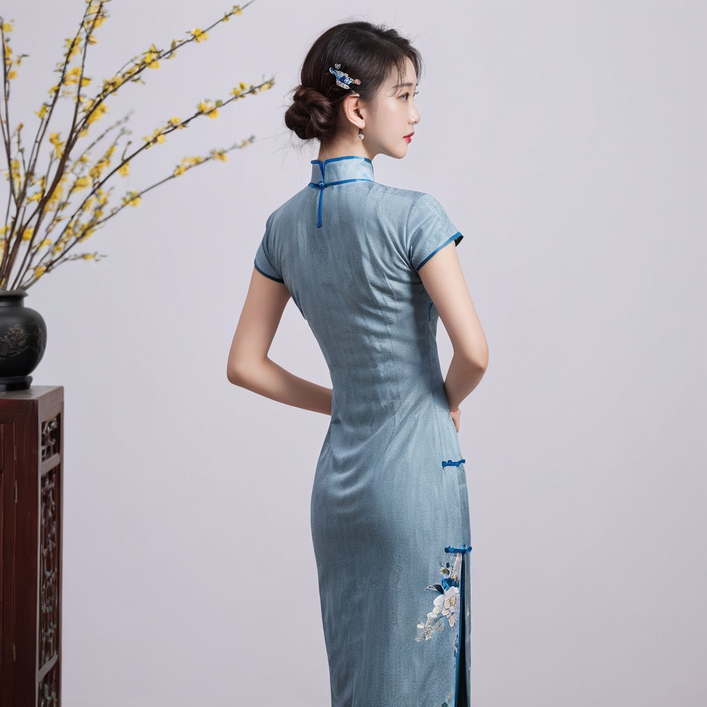 (Solo),from behind, full body, a 20-year-old beautiful idol girl wearing cheongsam, simple background, indoor, standing,