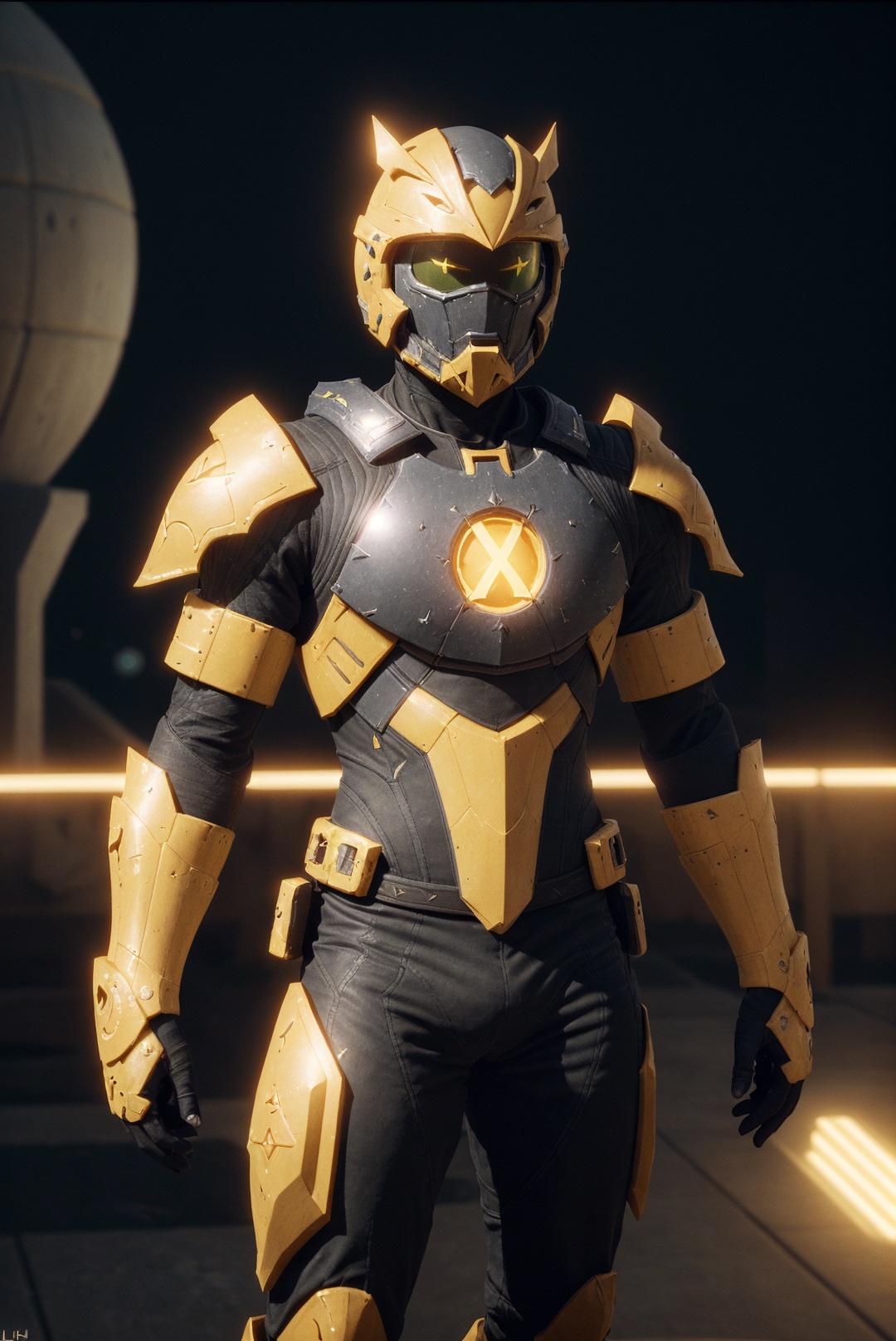 Grumpy Ivorian [spearmint:muskmelon:5],  anthropomorphic reimagined as a Destiny game character,  yellow plate armor on Te...