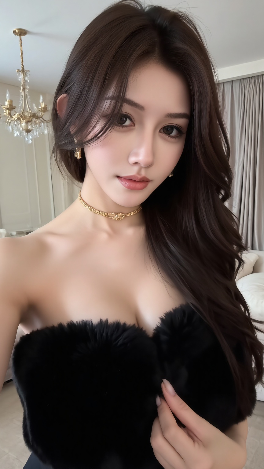 This is a highly detailed, close-up photograph of an Asian woman with a fair skin tone and long, wavy black hair that cascades over her right shoulder. She has a slender neck and a delicate, heart-shaped face with full, slightly parted lips painted in a natural pink shade. Her eyes are almond-shaped and dark brown, framed by well-defined eyebrows. She is wearing a strapless black fur stole that covers her upper chest, with her left hand gently holding the fur at the center of her chest. Around her neck is a gold choker with an intricate knot design, which adds a touch of elegance and contrast to the black fur. In the background, there is a blurred view of a modern, minimalistic room with light-colored walls and a partially visible curtain on the right side. A small, ornate chandelier is visible in the upper left corner, adding a touch of sophistication. The overall composition of the photograph emphasizes the subjects beauty and the luxurious texture of the fur stole, while the gold choker adds an element of opulence. The lighting is soft and natural, highlighting the subjects smooth skin and the sheen of her hair.