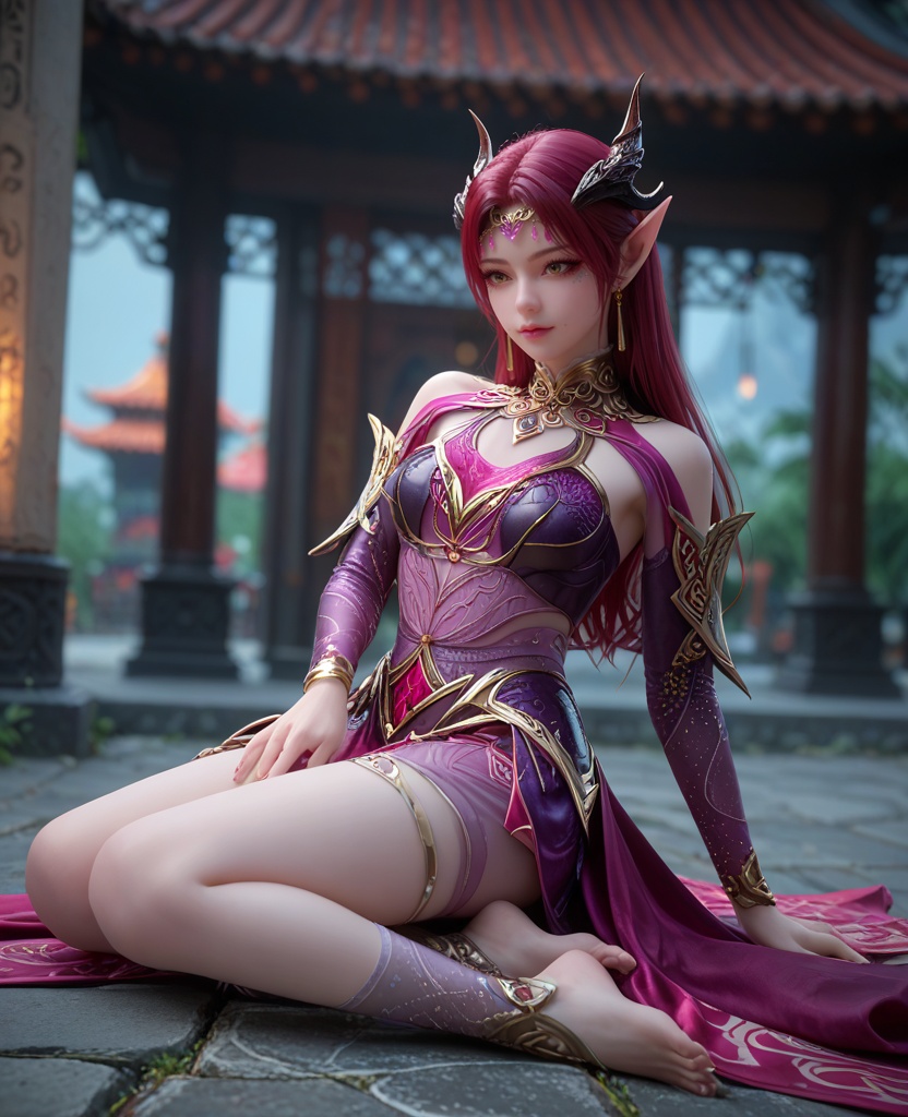 (oriental architecture, elegant decor, sophisticated style:1.1),(lotus position:1.1),(breasts:1.2),<lora:XL百炼成神剑灵妖夜:0.8>,miss yaoye,long hair,jewelry,red hair,pointy ears,armor,earrings,horns,hair ornament,breasts,barefoot,socks,yellow eyes,lips,elf,, zPDXL2, score_9, score_8_up, score_7_up BREAK realistic, masterpiece,best quality, highly detailed,, zPDXL3, zPDXL2,zPDXL, zPDXLxxx, zPDXLrl,