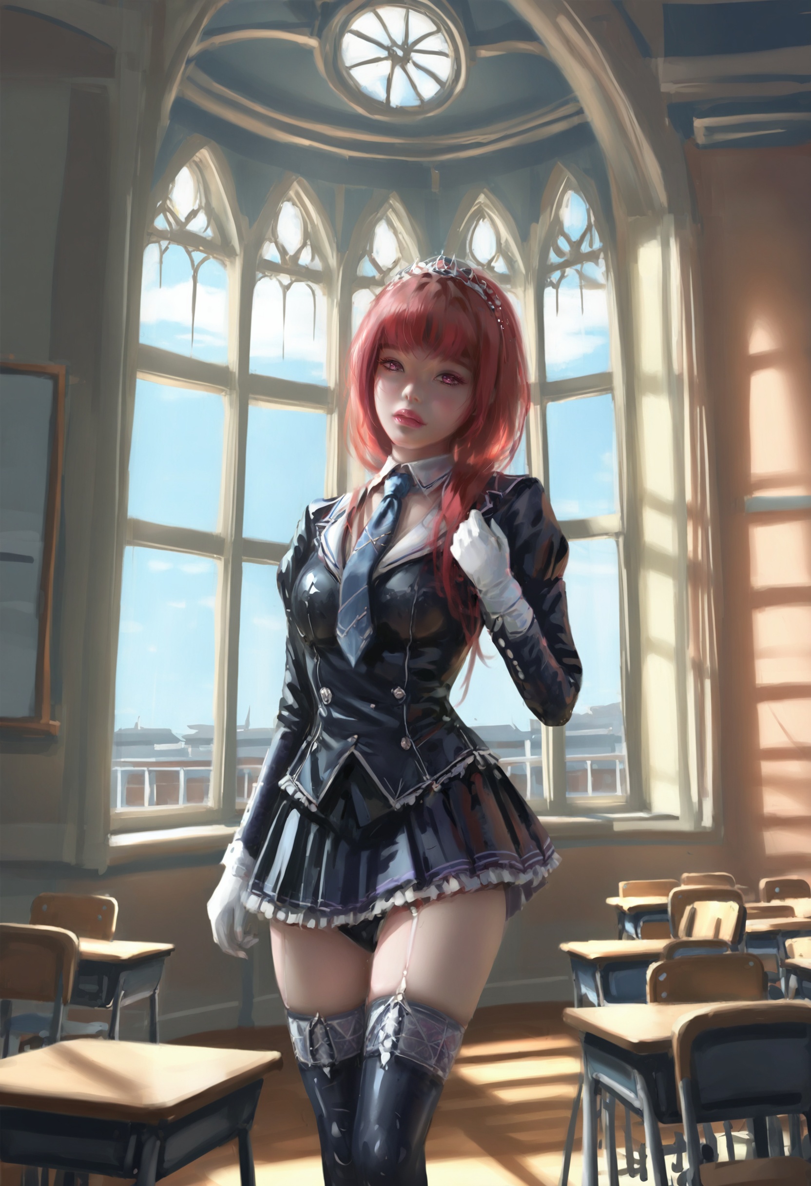 masterpiece, best quality,1girl,   realistic, solo, latex, red hair, 1011ta, sky, blue theme, window, indoors, scenery, blue sky, classroom, white gloves, thighhighs, day, gloves, pink lips, school uniform, necktie, hand on own hip <lora:wlopXLlokr4f-000187:0.95>