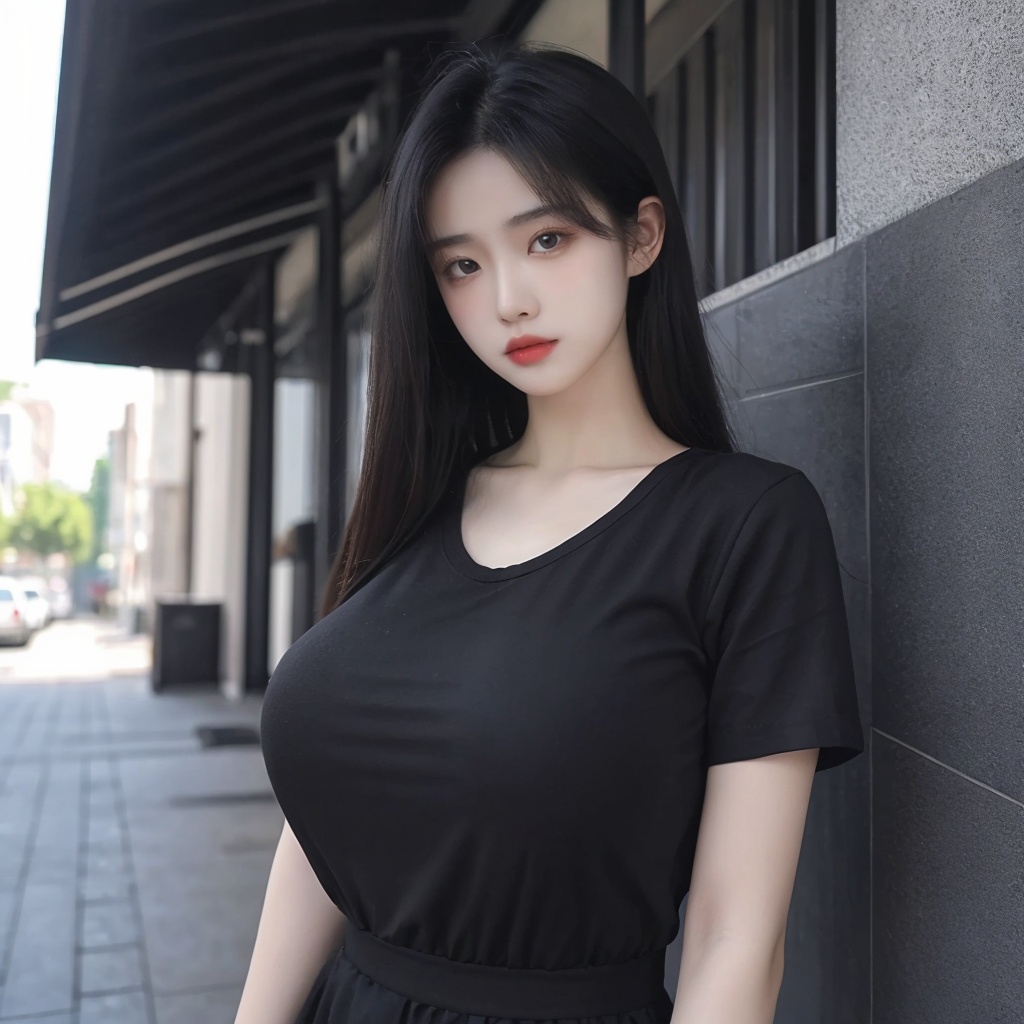(masterpiece, best quality:1.4),finely detailed,1girl,solo,pale skin,perfect body,glossy skin,(gigantic breasts:1.2),black hair,shirt,STANCE,full-size photograph,outdoors,(black shirts),(black dress),<lora:meinv76:0.6>