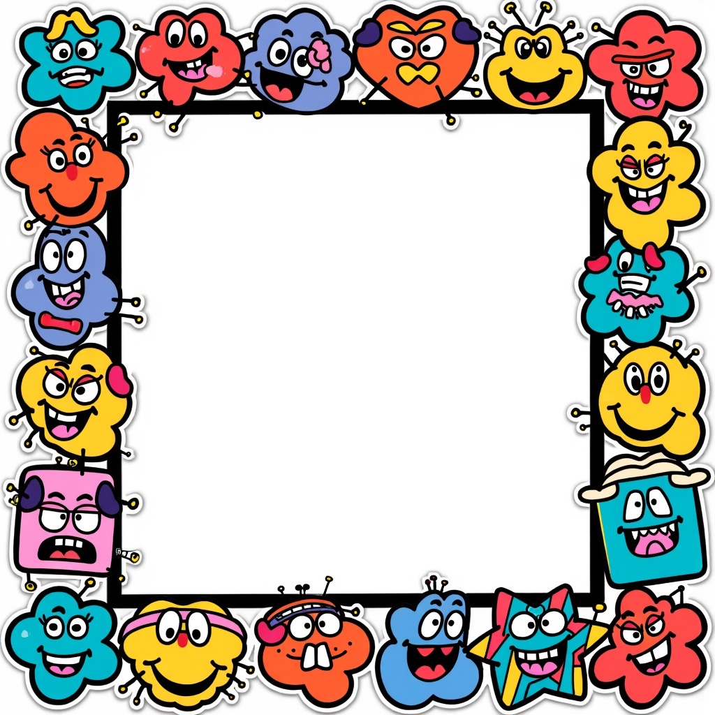 a close up of a picture frame with a lot of stickers on it,template sheet,glowforge template,unused sticker sheet,sticker sheet,template layout,keith haring style,square sticker,in style of lisa frank,graphic templates,symmetrical sticker design,sticker art,stickers,puffy sticker,rave background,planner stickers,sticker - art,graphic design background,sticker - svg,graffiti background,decora inspired,style of takashi murakami,card template,svg sticker art,cardstock,white frame border,card back template,sterile background,die cut sticker,sticker concept design,speech bubbles,layout frame,pop art patterns,