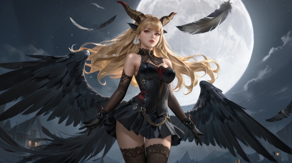 (best quality), ((masterpiece)), (highres), illustration, original, extremely detailed,   <lora:ACG ART3_XL:0.7>1girl, long hair, solo, gloves, wings, skirt, red eyes, black gloves, elbow gloves, horns, sleeveless, thighhighs, medium breasts, black skirt, breasts, looking at viewer, blonde hair, hair ornament, pleated skirt, black wings, artist name, standing, bare shoulders, bangs, cowboy shot, moon, very long hair, black thighhighs, feathers, floating hair