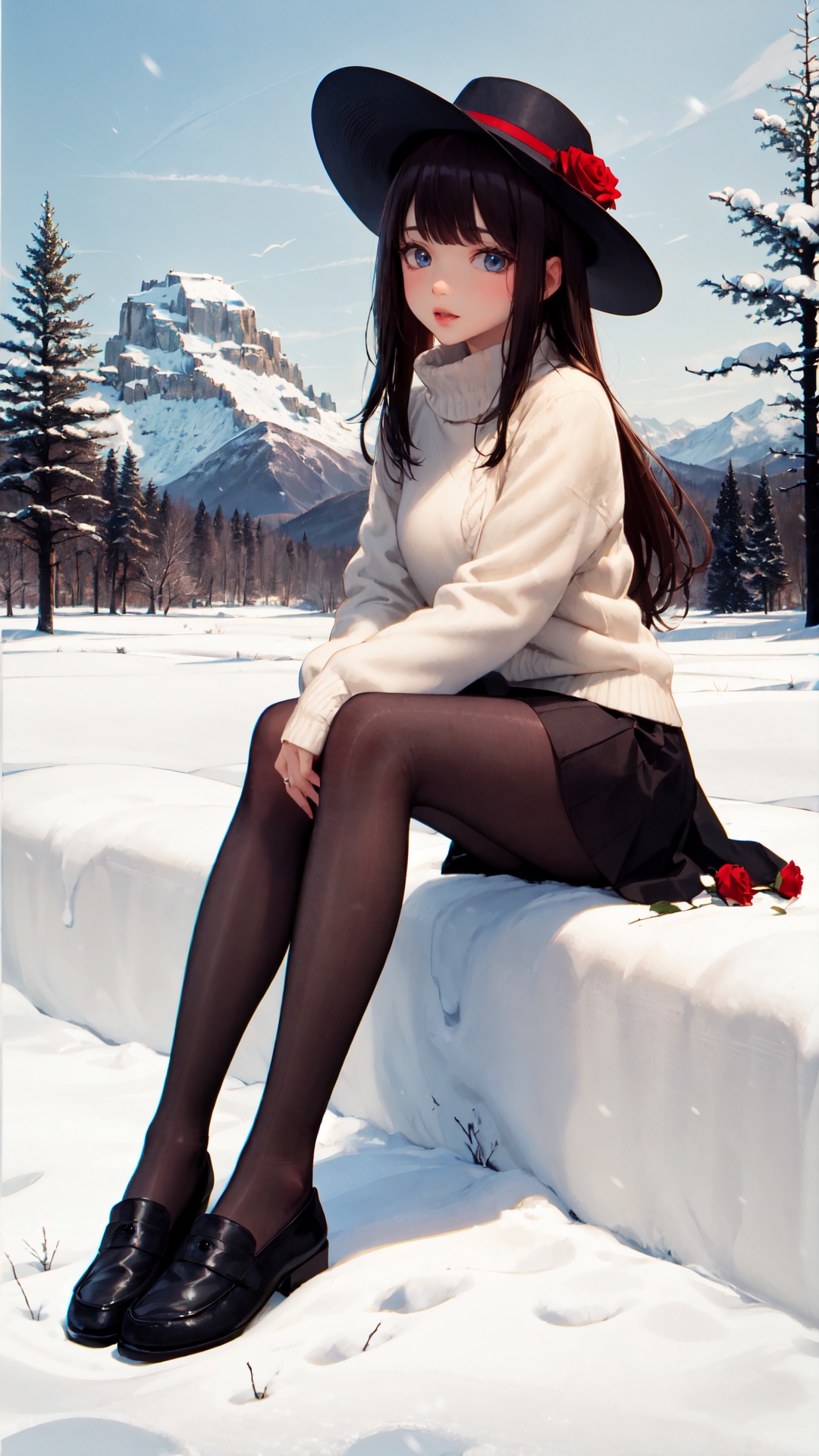 tutututu,black pantyhose,loafers,leather shoes,masterpiece,best quality,winter,snow field,1girl,bangs,blue eyes,blunt bangs,brown hair,fruit,full body,hat,long hair,looking at viewer,red flower,red rose,rose,sitting,solo,sky,sun,mountain,forest,lake,<lora:merged_0024:0.75>,