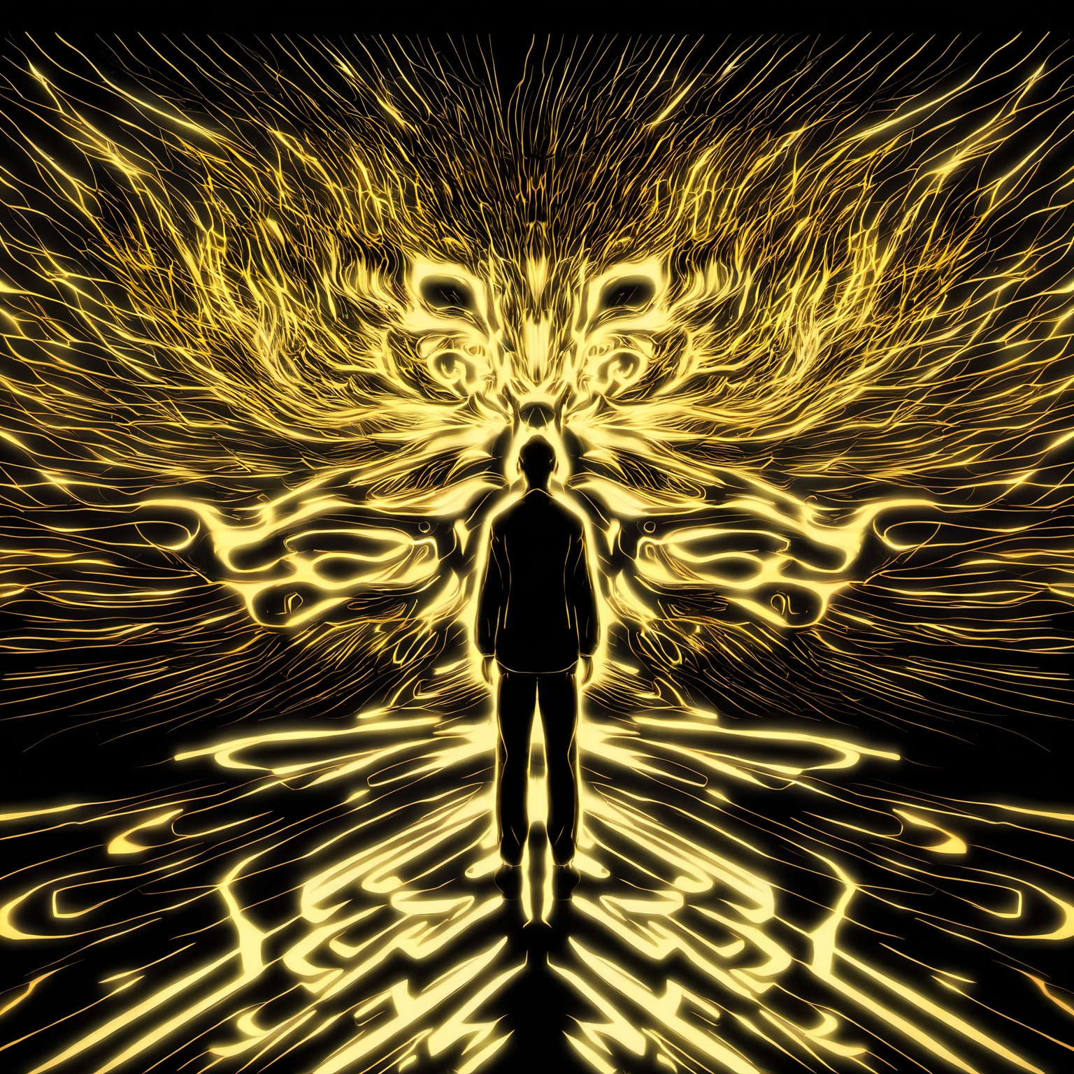a man standing in front of a projection of immortal,halo,<lora:eastern_mythology_xl:0.7>,golden line,