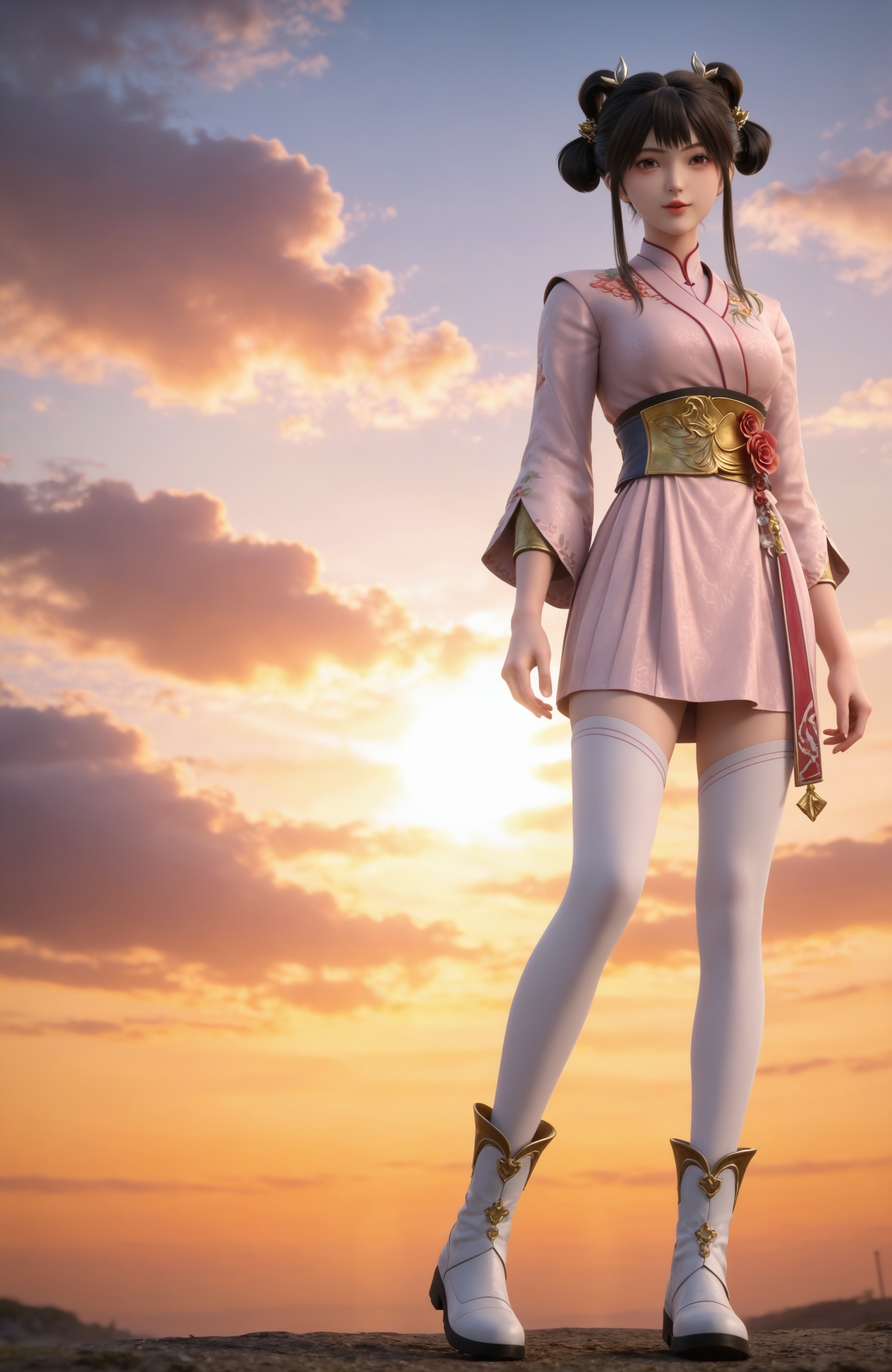 realistic style photo,outstanding style,Use soft lighting to cast gentle shadows on the subject,adding a touch of dimension to your images without compromising details,whirls of vapor,(Anime:1.1),soft neon light,ethereal ambiance,delicate details,magical atmosphere,concept art,highly detailed,ultra-high resolution,32K UHD,sharp focus,best-quality,masterpiece,golden hour,unconventional supreme masterpiece,masterful details,temperate atmosphere,with a high-end texture,in the style of fashion photography,magazine style,Dynamic Angle,Dynamic posture,magazine style,Dynamic Angle,Dynamic posture,(cowboy_shot:1.2),eye trail,depth of field,cinematic lighting,lens flare,extreme aesthetic,(wlop:0.6),(honjou raita,lack,rella,wanke:0.5),masterpiece,best quality,good quality,newest,very aesthetic,absurdres,Visual impact,A shot with tension,ultra-high resolution,32K UHD,sharp focus,best-quality,masterpiece,Emotionalization,unconventional supreme masterpiece,masterful details,temperate atmosphere,with a high-end texture,in the style of fashion photography,(Visual impact:1.2),giving the poster a dynamic and visually striking appearance <lora:九阳武神-小月Pony:0.7> 1girl, black hair, hair ornament, hair rings, hair bun, chinese clothes, long sleeves, white thighhighs, pink dress, double bun, white boots, sashfrom below,cloudy sky,sunset,full body,