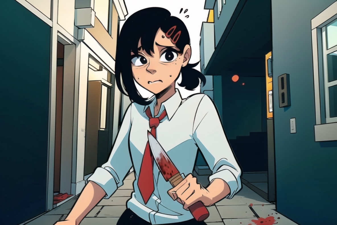 ,<lora:modernAmericanComics_v10:0.7>,  masterpiece,1girl, high quality, dark hair, red hairclip, short hair, wearing white button shirt, red necktie, HDR, (illustration), center of frame, 1girl, solo focus, <lora:higashiyamakobeni:0.8>, (running:0.8), throwing a knife, sharp focus, 4k, dark alleyway, looking at viewer,  <lora:LoconLoraOffsetNoise_locon0501:0.7>,  blood stains, comic panel, onomatopoeia, text