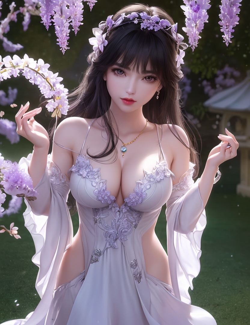 ultra realistic 8k cg, picture-perfect face, flawless, clean, masterpiece, professional artwork, famous artwork, cinematic lighting, cinematic bloom, perfect face, beautiful face, fantasy, dreamlike, unreal, science fiction,   lace, lace trim, lace-trimmed legwear,  (rich:1.4), prestige, luxury, jewelry, diamond, gold, pearl, gem, sapphire, ruby, emerald, intricate detail, delicate pattern, charming, alluring, seductive, erotic, enchanting, hair ornament, necklace, earrings, bracelet, armlet,halo((,1girl, pov,))(((1girl, jewelry, solo,breasts, looking_at_viewer,  outdoors,  full moon,  upper body, wisteria, chloris garden,  cherry blossoms, )))    <lora:DA_YueChanTeen:0.6>