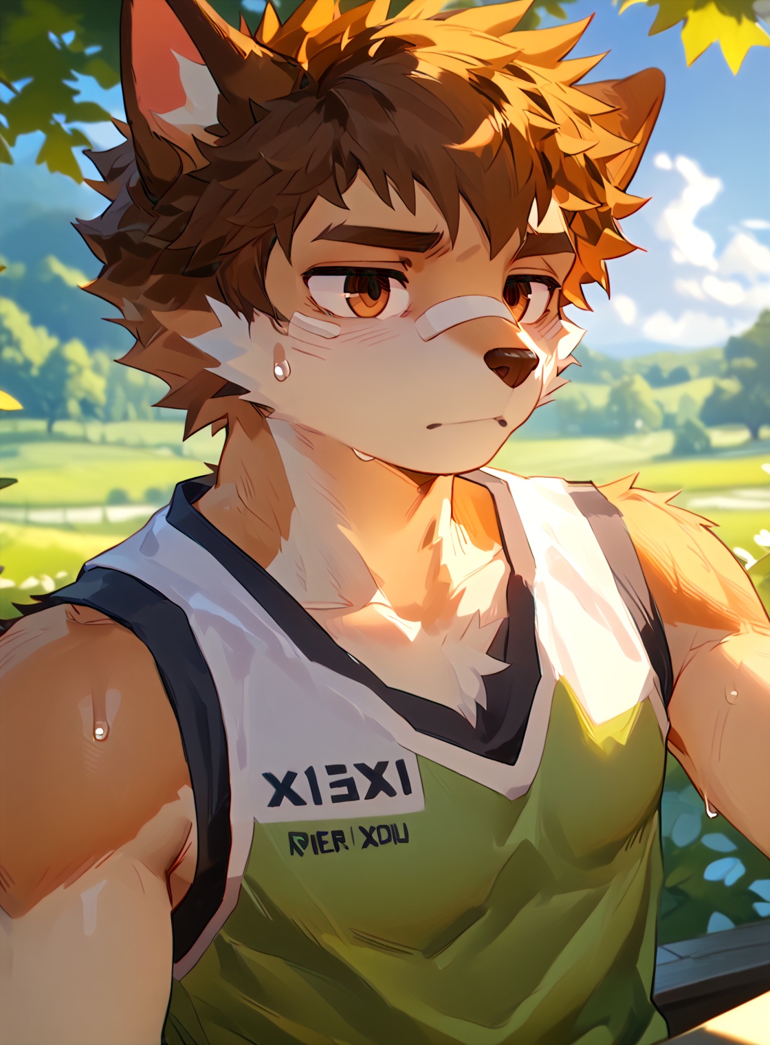 masterpiece, best quality, amazing quality, very aesthetic, high resolution, ultra-detailed, absurdres,scenery,newest, 1boy,male,solo, kunioxl,brown hair,brown eyes,bandaid on face,sideburns, (sleeveless),pectoral cleavage,text on clothing, looking at distance,half-closed eyes,bored, big pecs,pectorals,vein,sweatdrop, sweat, outdoors,summer sunlight, blue sky,cloud, trees,green fields in the distance,under shade, close-up, upper body,from side, dynamic angle,depth of field, volumetric lighting, good colors, counter-shade,body fur,furry,<lora:nayoshi01g:0.4>,<lora:细腻线条:0.35>,<lora:Gondom_Style:0.3>,close-up,from_above,eyes_focus,depth of field,