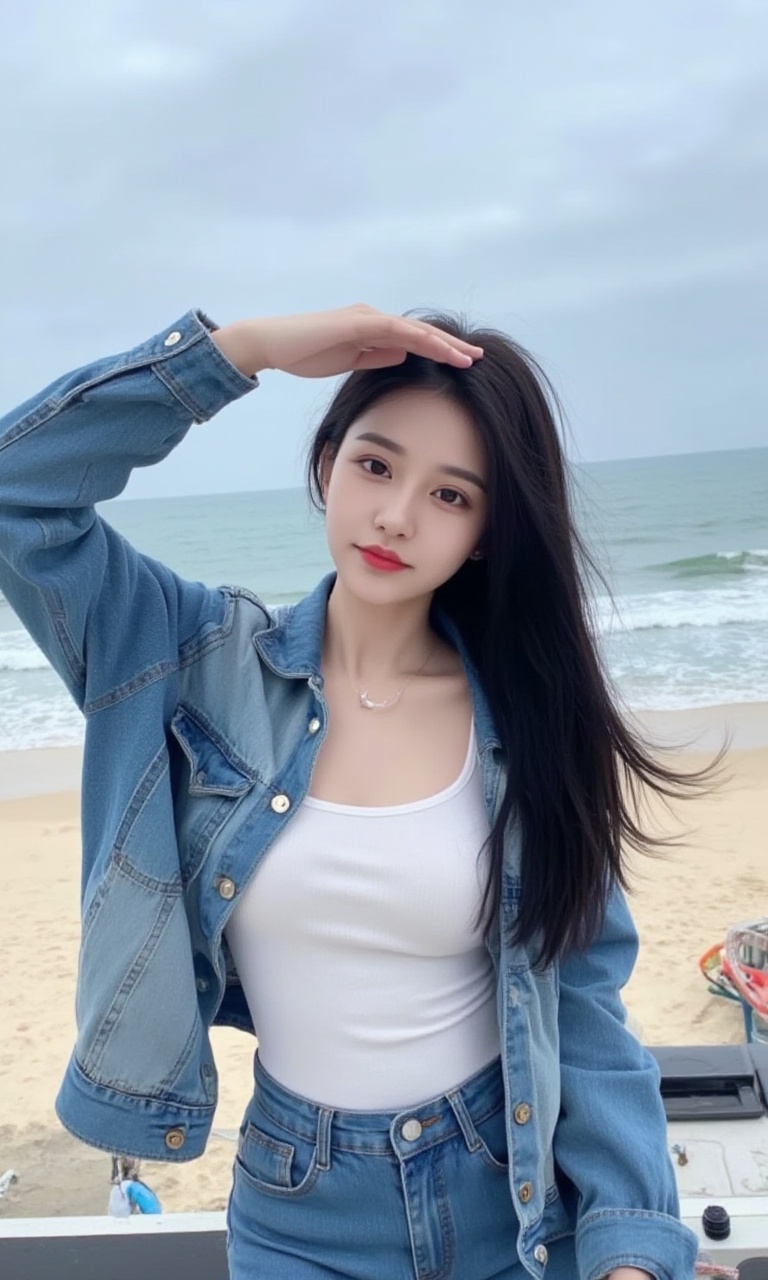 This is a real high-definition photo,This is a high-resolution, casual half-body portrait photo. The subject of the photo is a young woman wearing a white **** top and a denim jacket, with the sleeves of the jacket rolled up. She has black hair that falls over her shoulders. Her right hand is raised, shielding it from the sun, as if she is enjoying the seaside view. The background shows a beach and the ocean, with waves crashing against the shore and a small boat moored on the beach.