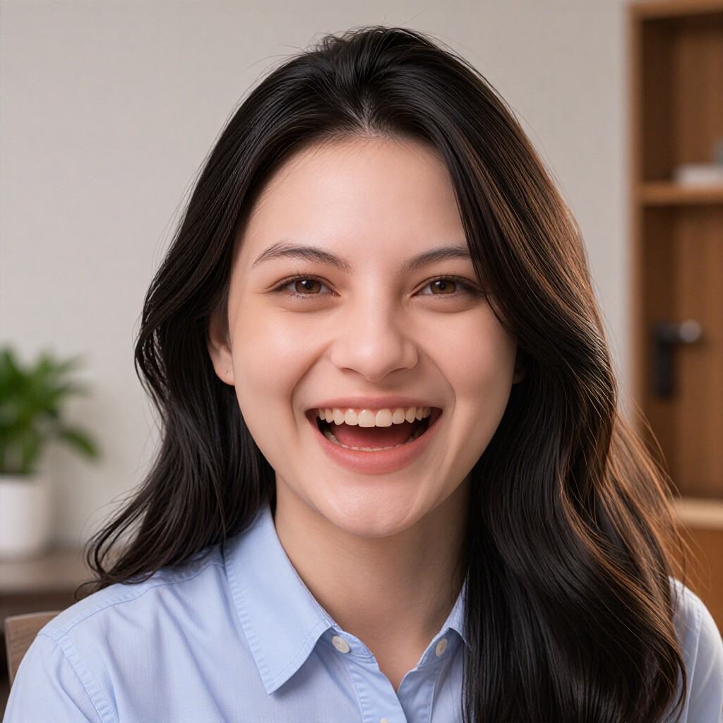 A photorealistic portrait shows Alin,  a woman displaying a laughing facial expression. Visible facial cues include a natu...