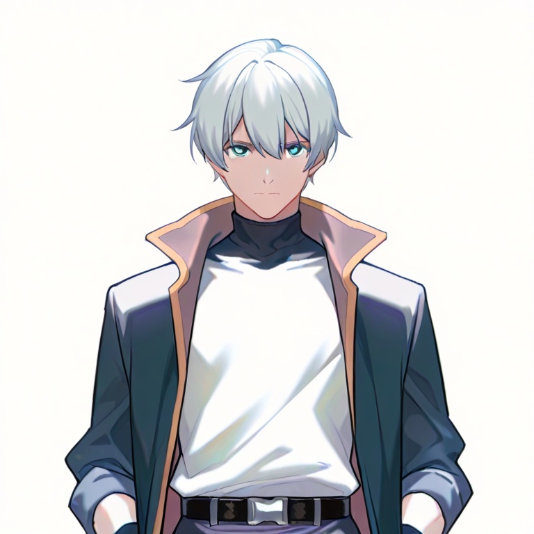 masterpiece, best quality,solo,(white background:1.2),simple background,looking at viewer,  manga_style,kevin kaslana,1boy,male focus,blue eyes,white hair,silver hair,bangs,hair between eyes,open coat,black coat,long sleeves,shirt,jacket,belt,black pants,black footwear,gloves,boots,<lora:凯文-卡斯兰娜-漫画ver-ill:0.8>