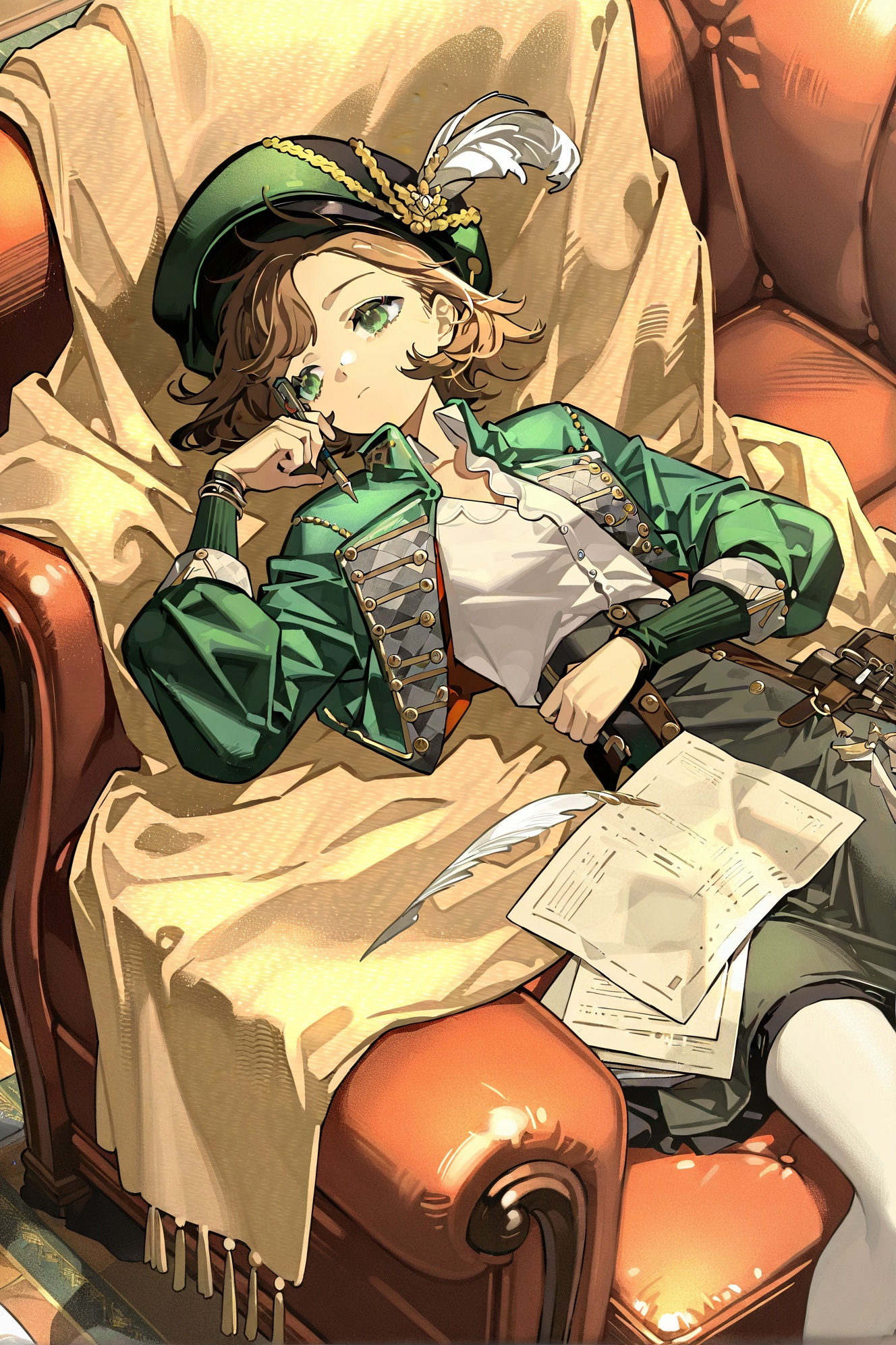 Reverse:1999, 1girl, solo, couch, green eyes, white shirt, shirt, holding, brown hair, lying, hat, on back, holding pen, on couch, white pantyhose, green headwear, short hair, quill, hat feather, paper, long sleeves, pen, pantyhose, jacket, feathers, skirt, closed mouth