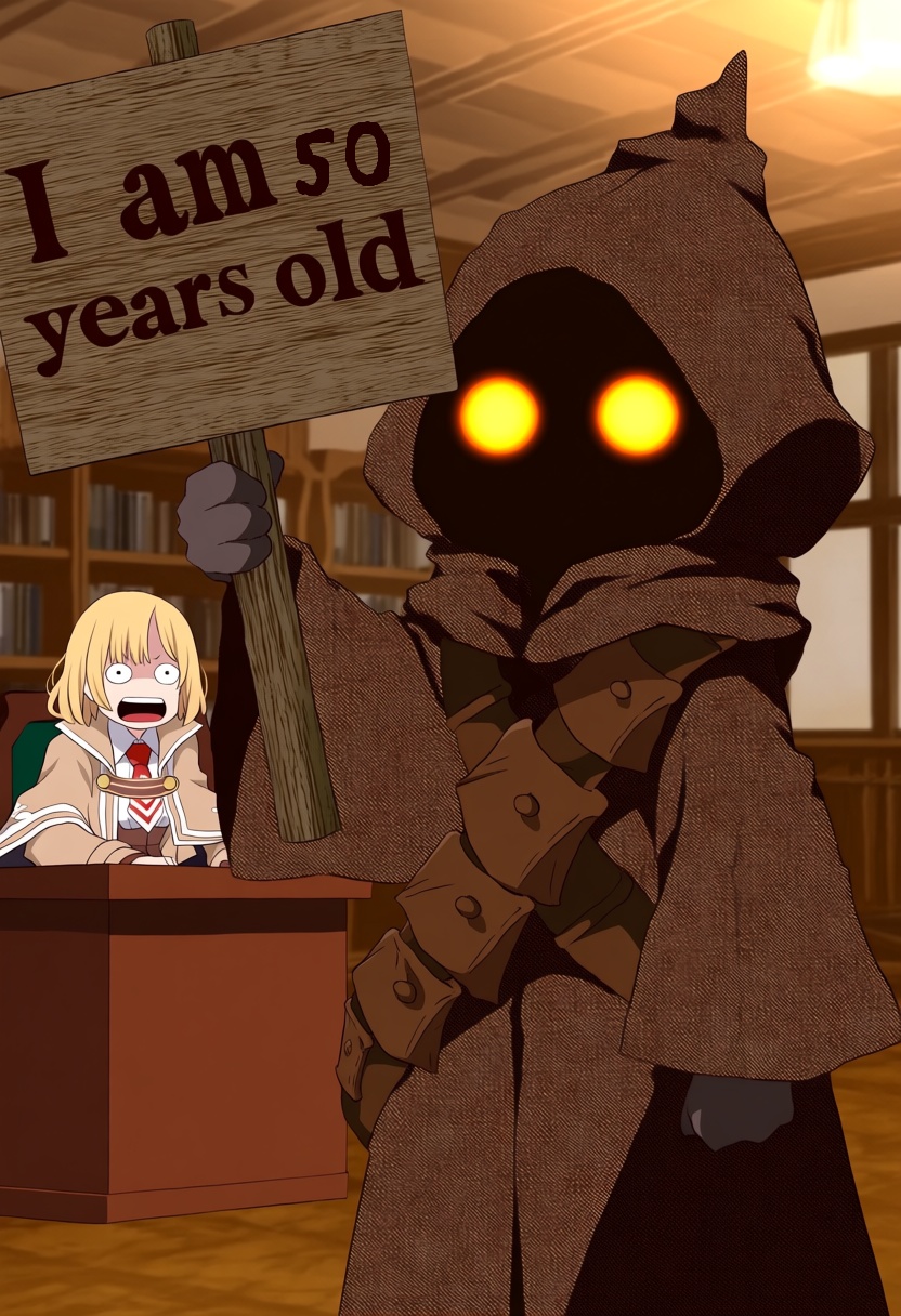 @yasehattagi. An anime-style illustration of a single JawaSW standing in a cozy,  cluttered detective office. The small fi...