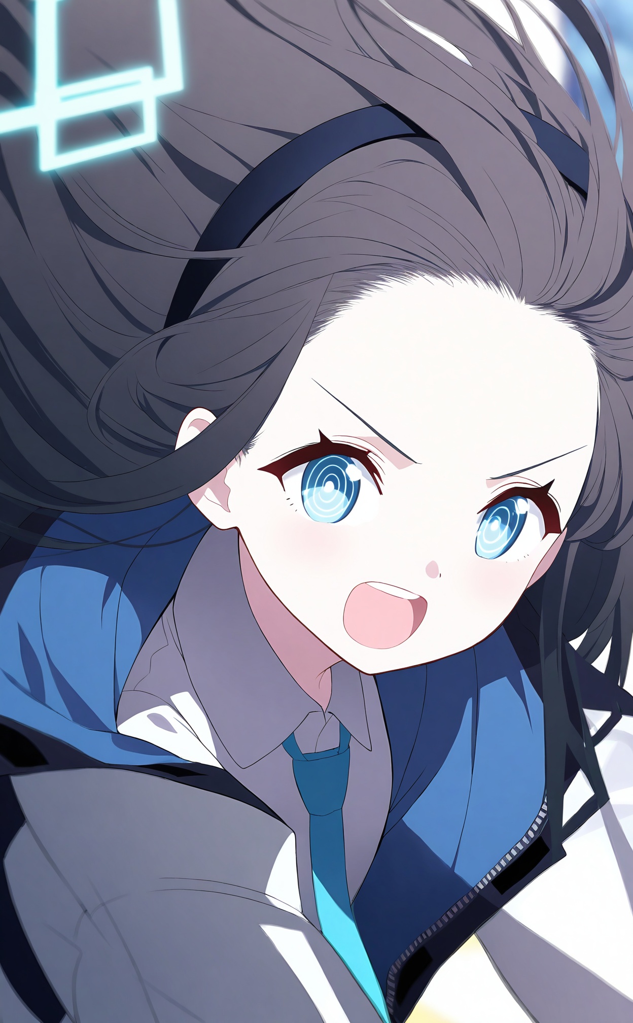 masterpiece,best quality,high quality,loli,1girl, aris (blue archive), solo, ringed eyes, blue eyes, blue necktie, shirt, open mouth, necktie, black hair, long hair, white shirt, collared shirt, jacket, looking at viewer, halo, upper teeth only, forehead, teeth, v-shaped eyebrows, floating hair, very long hair, black hairband, hairband, long sleeves, open clothes, open jacket, outstretched arm, @_@, absurdly long hair, blue theme, blurry, portrait,//,<lora:BA——【noob】hans:1>,