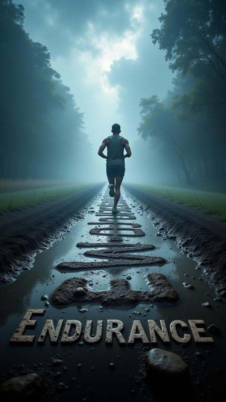 A sports drink commercial with an athlete running through a storm,  their footprints in the mud forming the word “Enduranc...